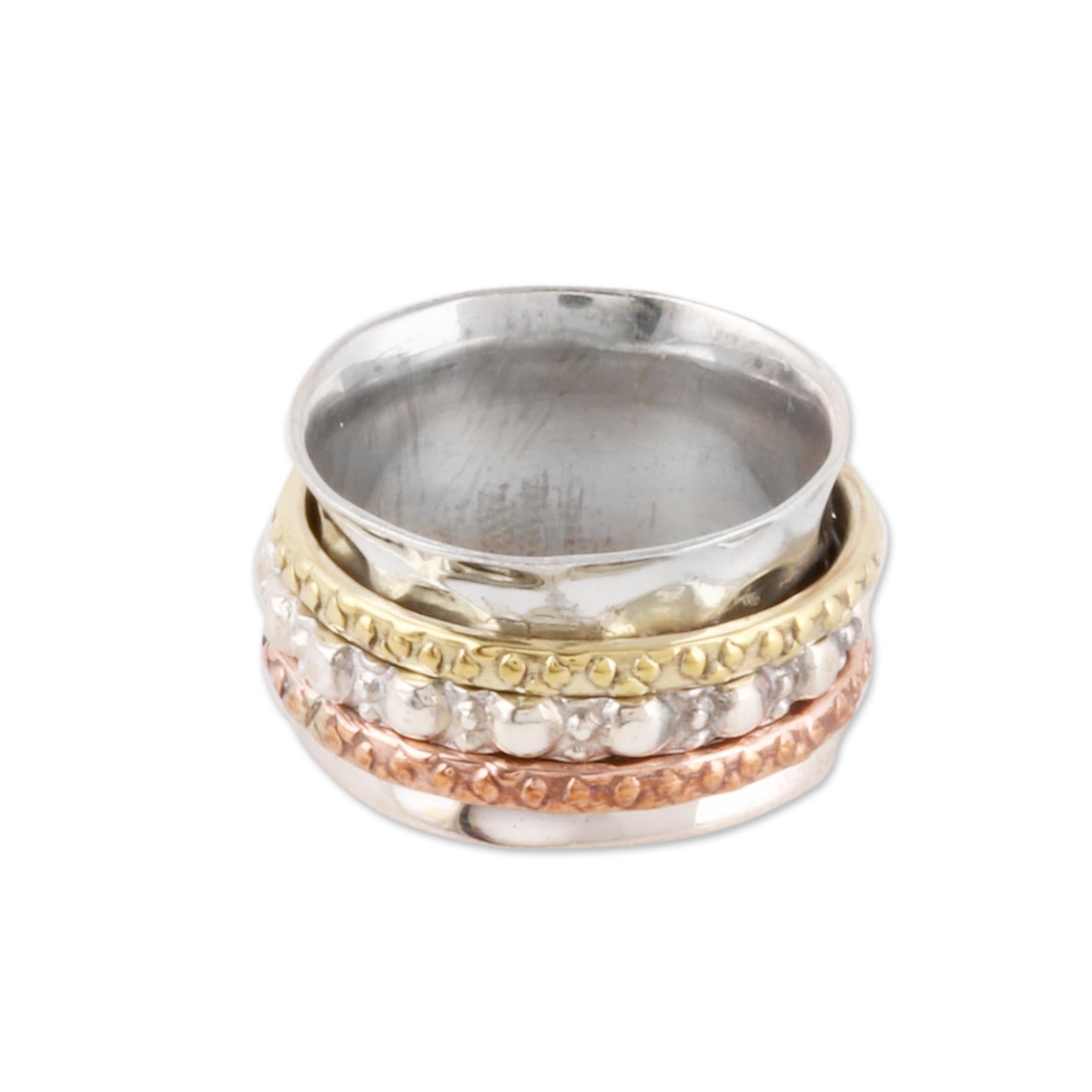 Premium Triple Textured Sterling Silver Spinner Ring - Handcrafted in India