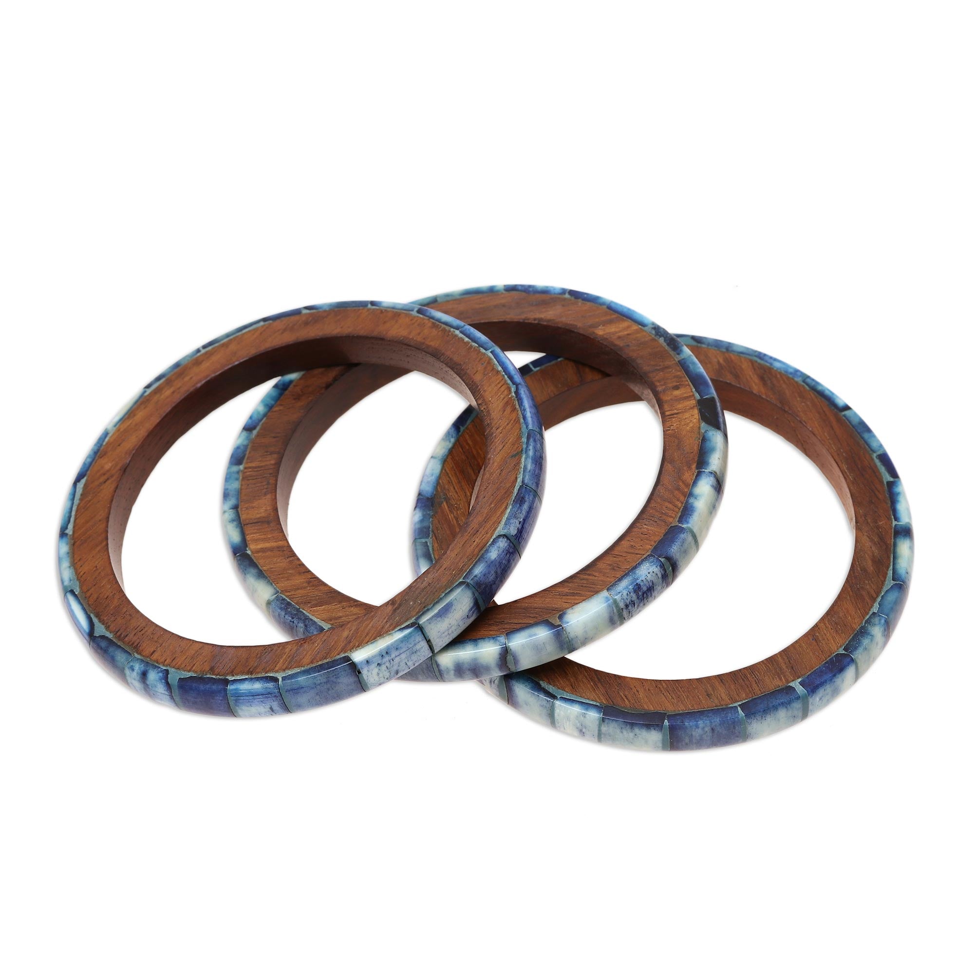 Premium Blue Saga Handcrafted Bone & Mango Wood Bangle Bracelet Set (3-Piece)