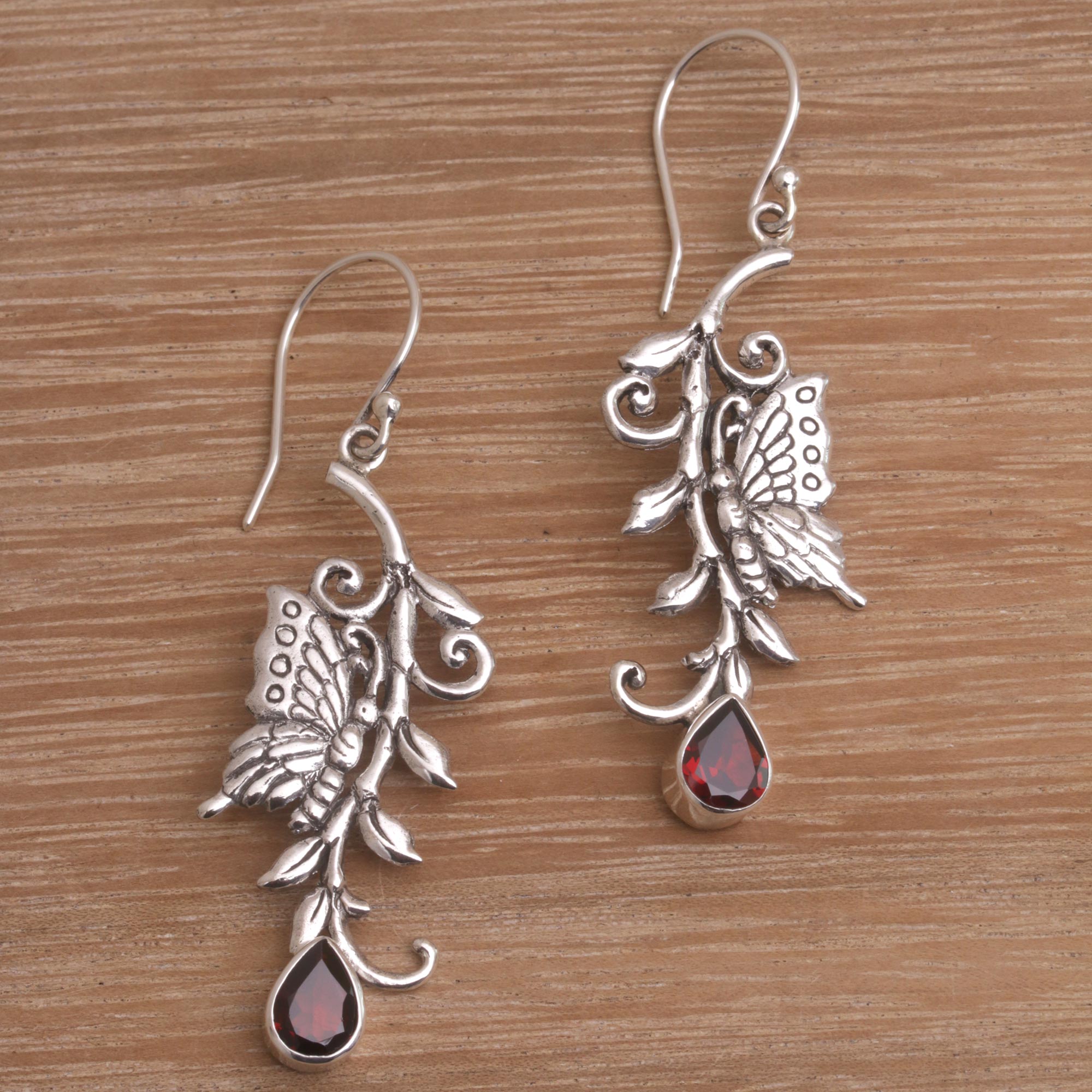 Premium Butterfly Garnet Sterling Silver Dangle Earrings - Elegant & Sparkling