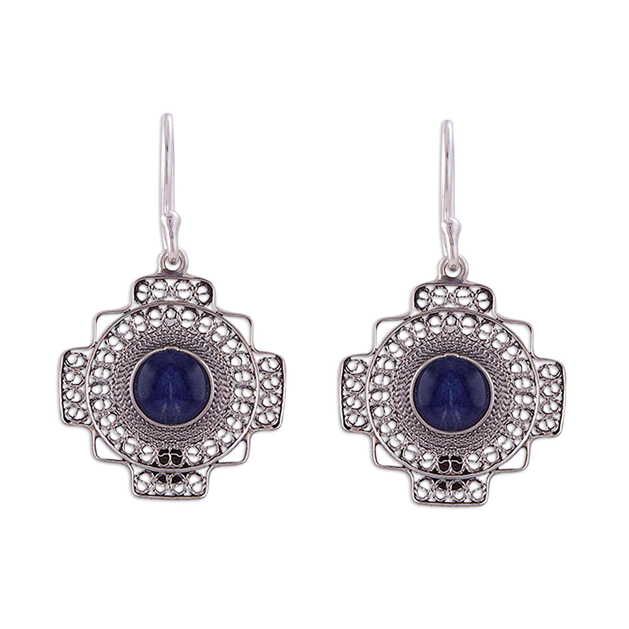 Premium Blue Mountain Chakana Sodalite Dangle Earrings - Handcrafted in Peru