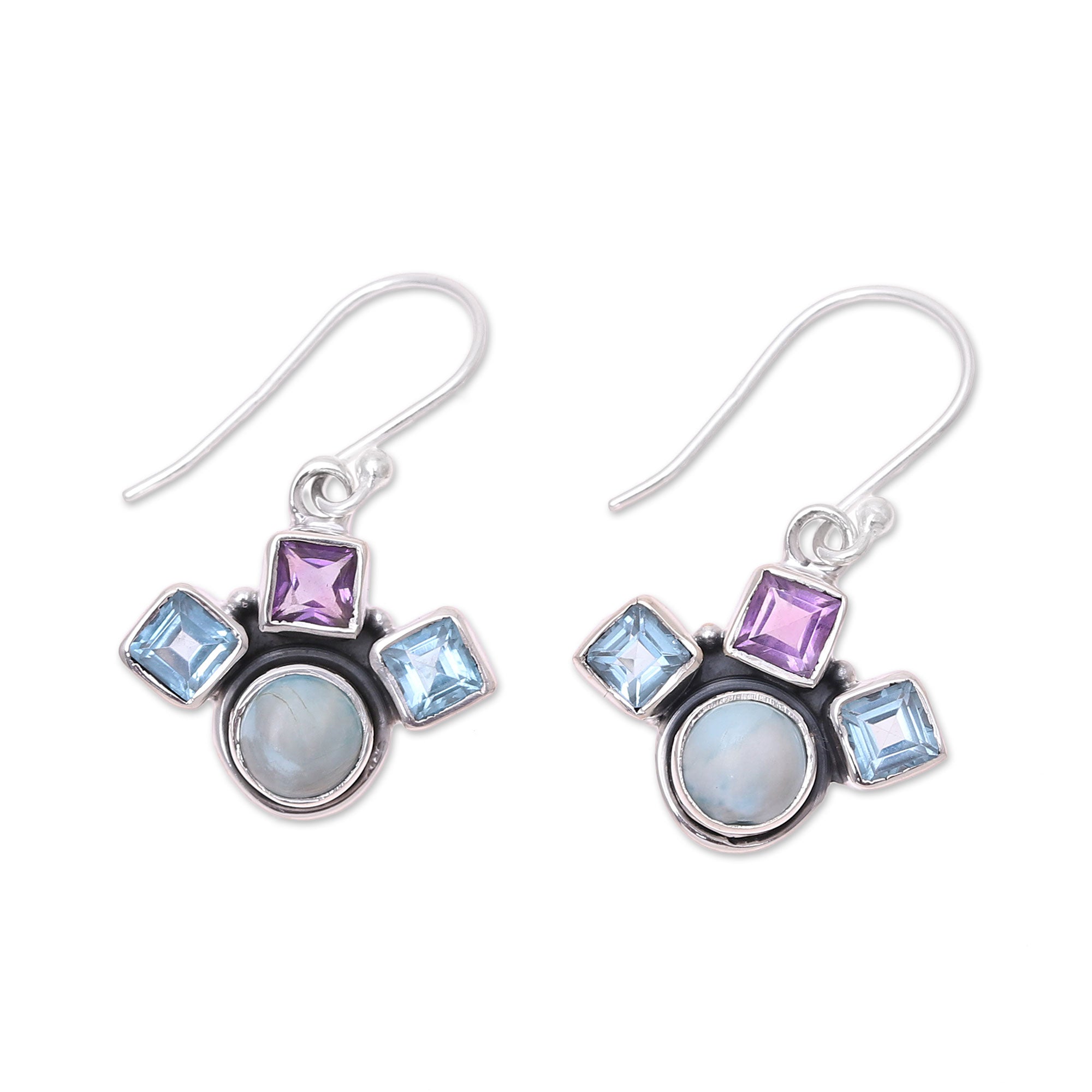 Premium Sterling Silver Dangle Earrings with Blue Topaz, Amethyst & Larimar