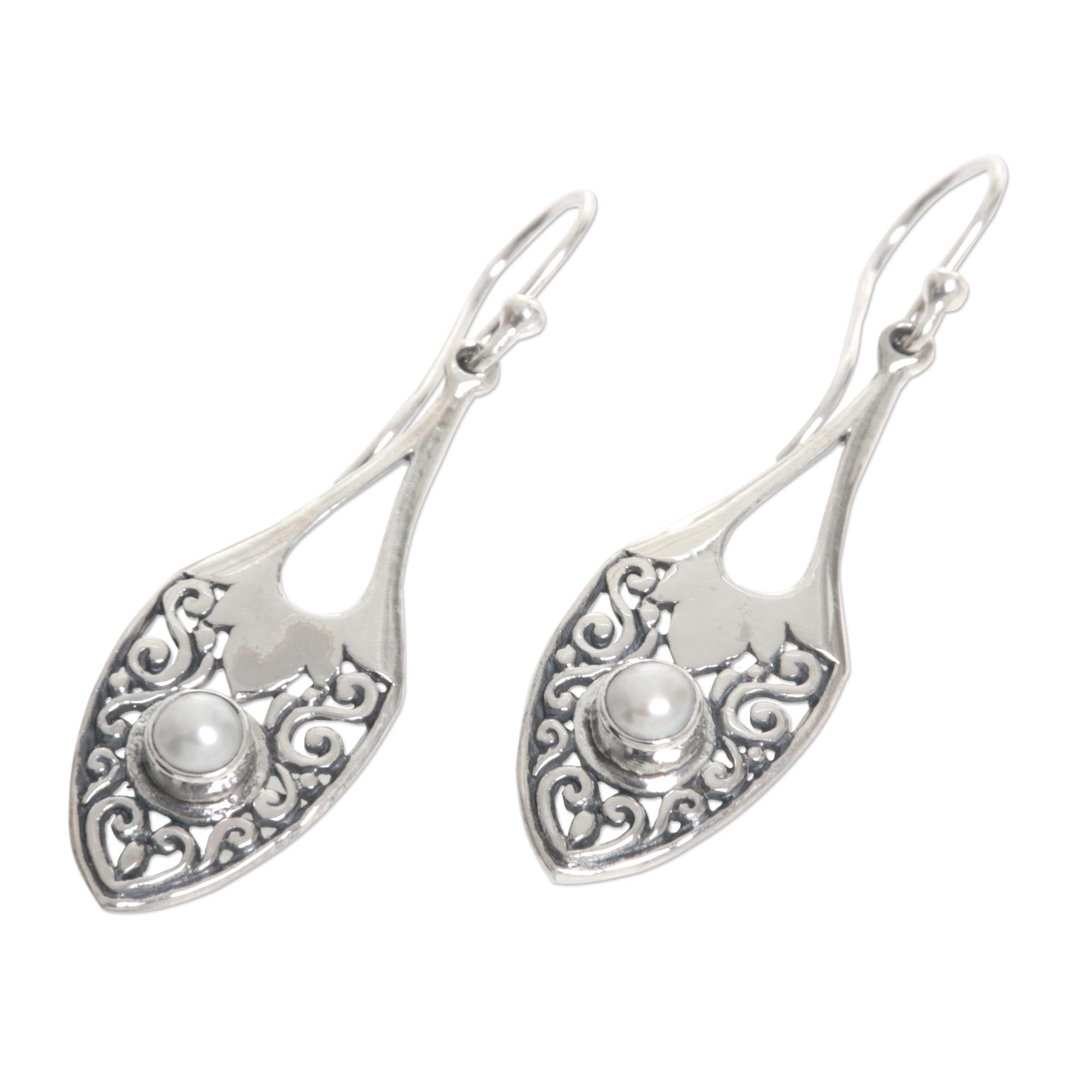 Premium Catch the Moon Sterling Silver & Cultured Pearl Dangle Earrings – Handcrafted in Indonesia