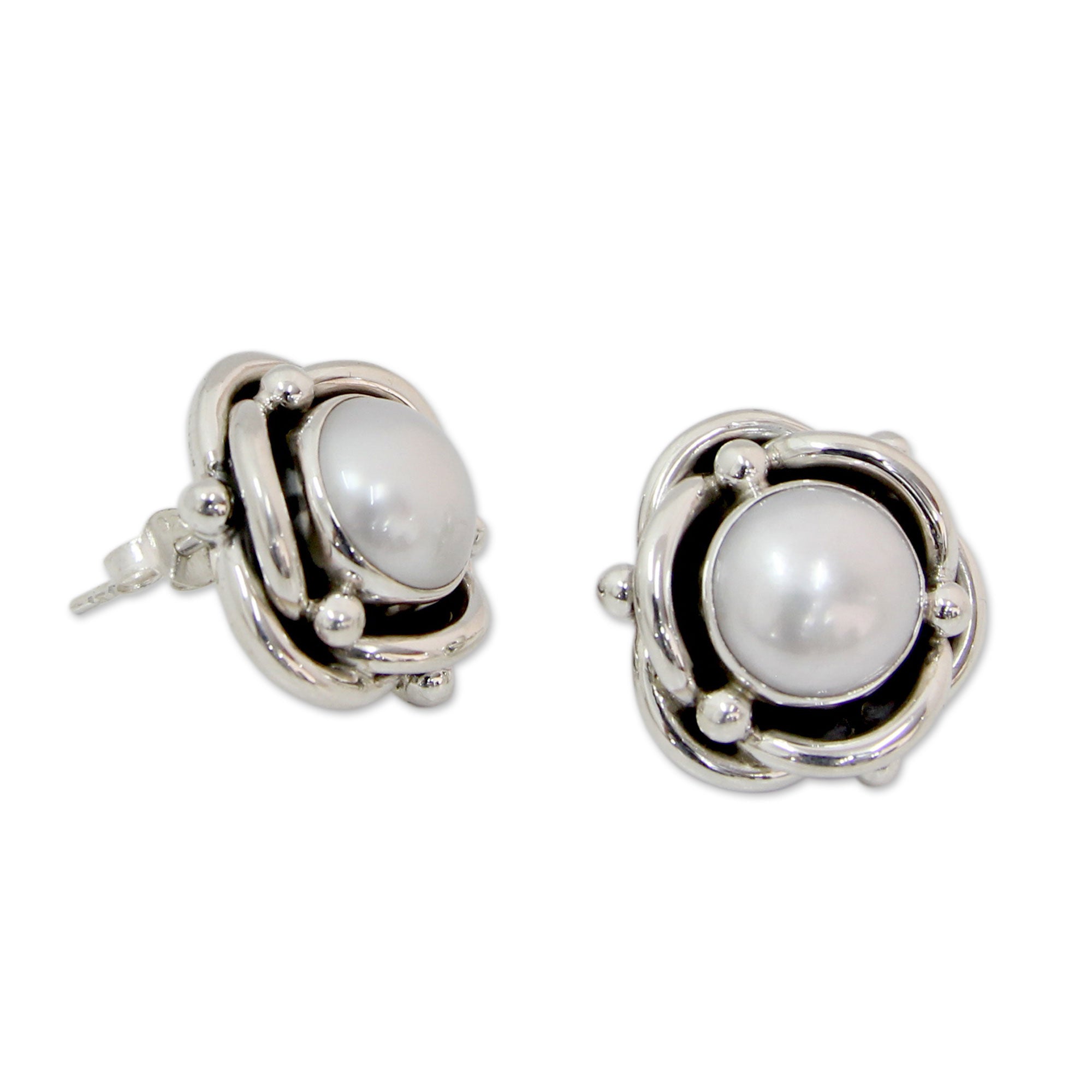 Premium Regal Aura Cultured White Pearl & Sterling Silver Button Earrings