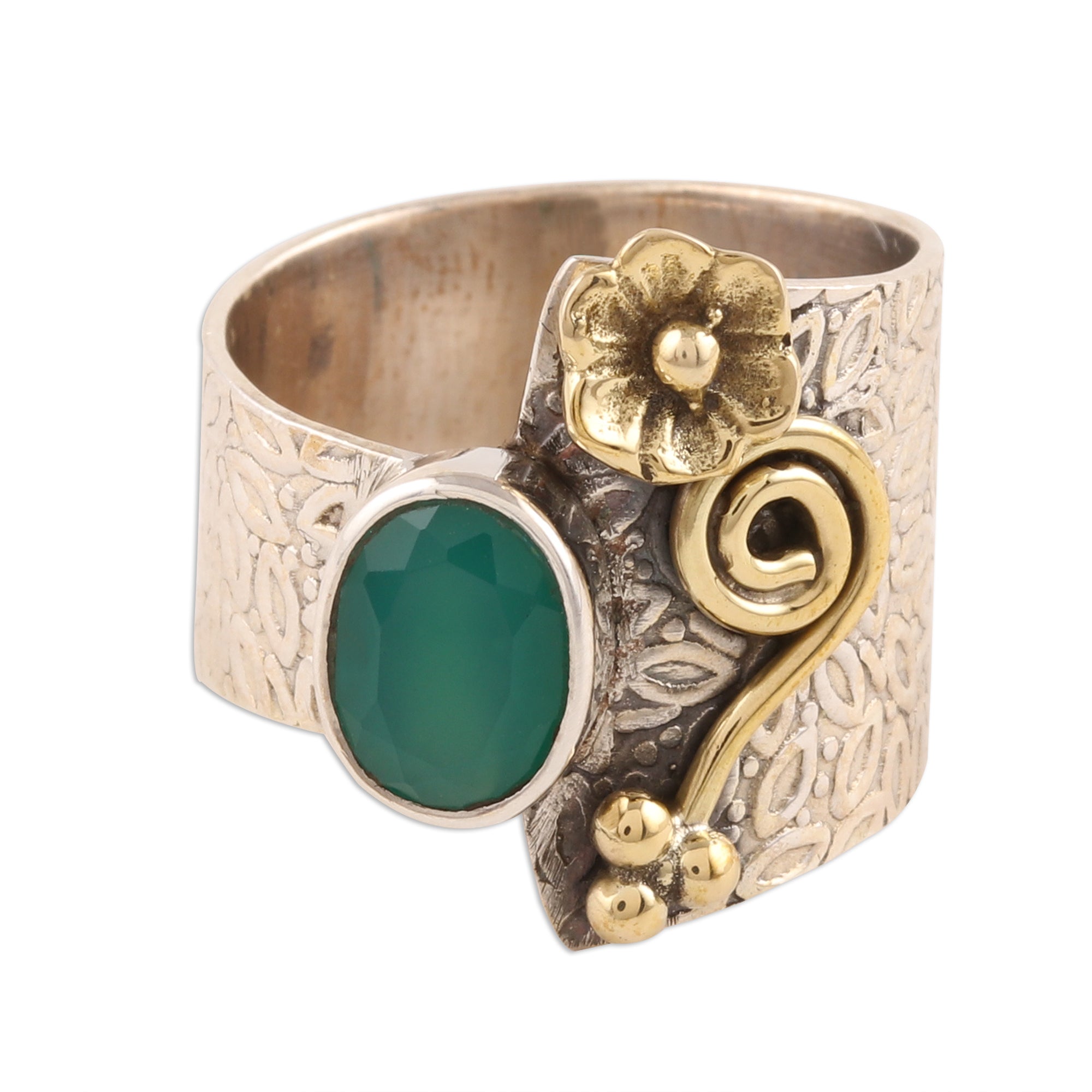 Premium Floral Green Onyx Cocktail Ring - Handcrafted in India