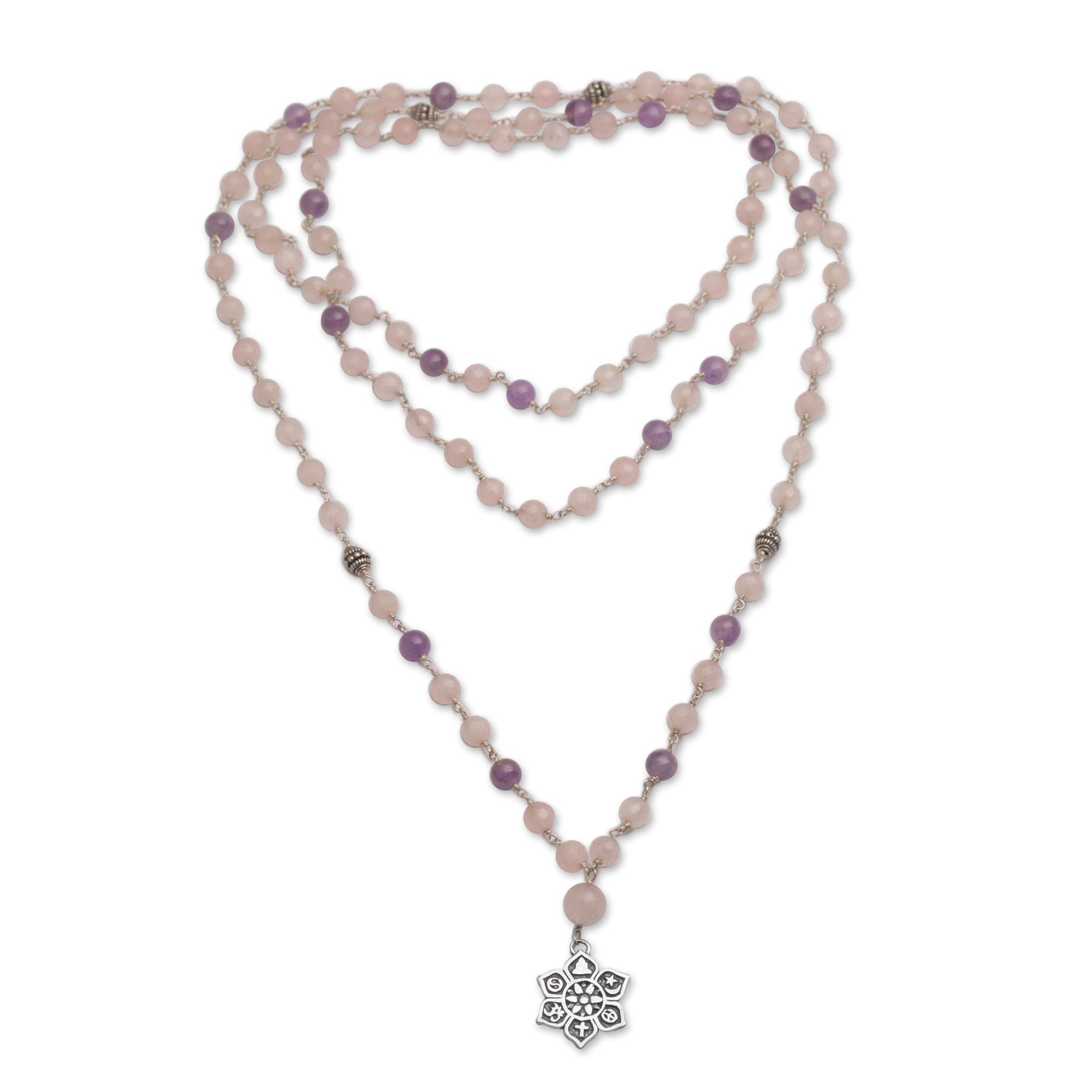 Premium Unity in Meditation Floral Rose Quartz & Amethyst Pendant Necklace - Handcrafted in Bali