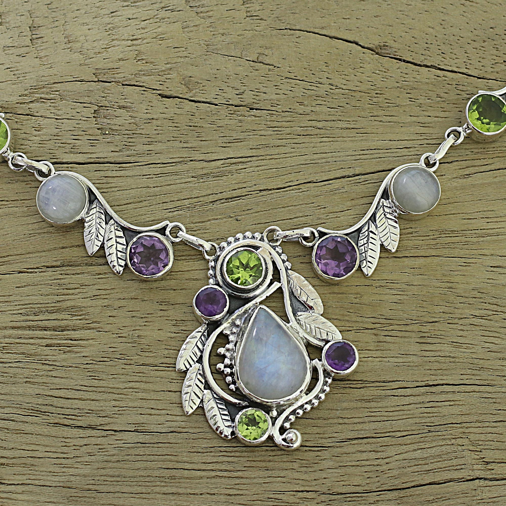 Premium Luminous Beauty Sterling Silver Multigem Pendant Necklace - Handcrafted in India