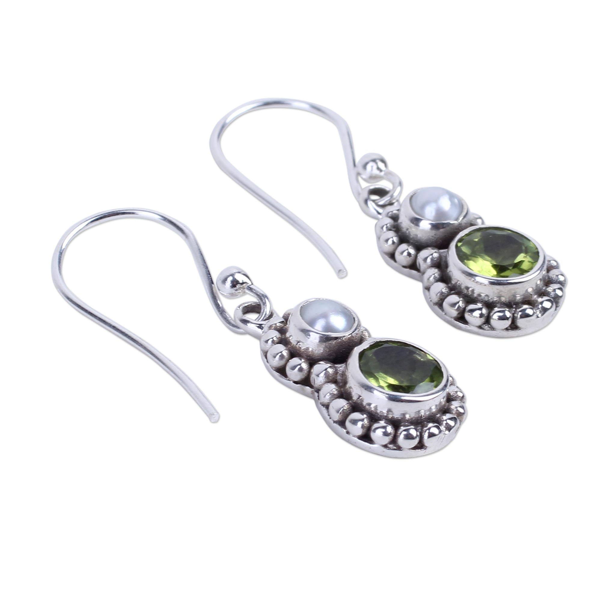 Premium Kolkata Sparkle Peridot & Pearl Silver Dangle Earrings