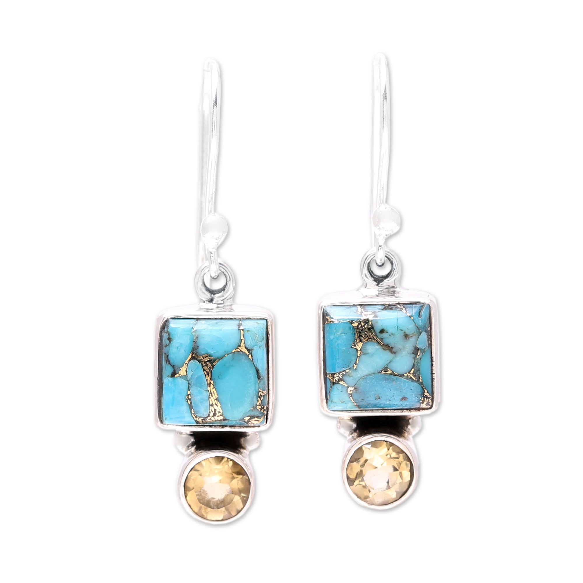 Premium Citrine & Turquoise Dangle Earrings - Handcrafted Sterling Silver Jewelry from India