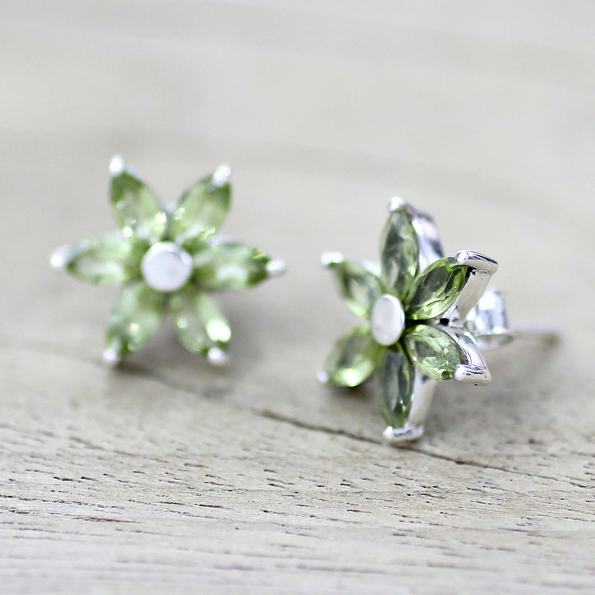 Premium Summer Blossom Floral Peridot Earrings in Rhodium-Plated Sterling Silver