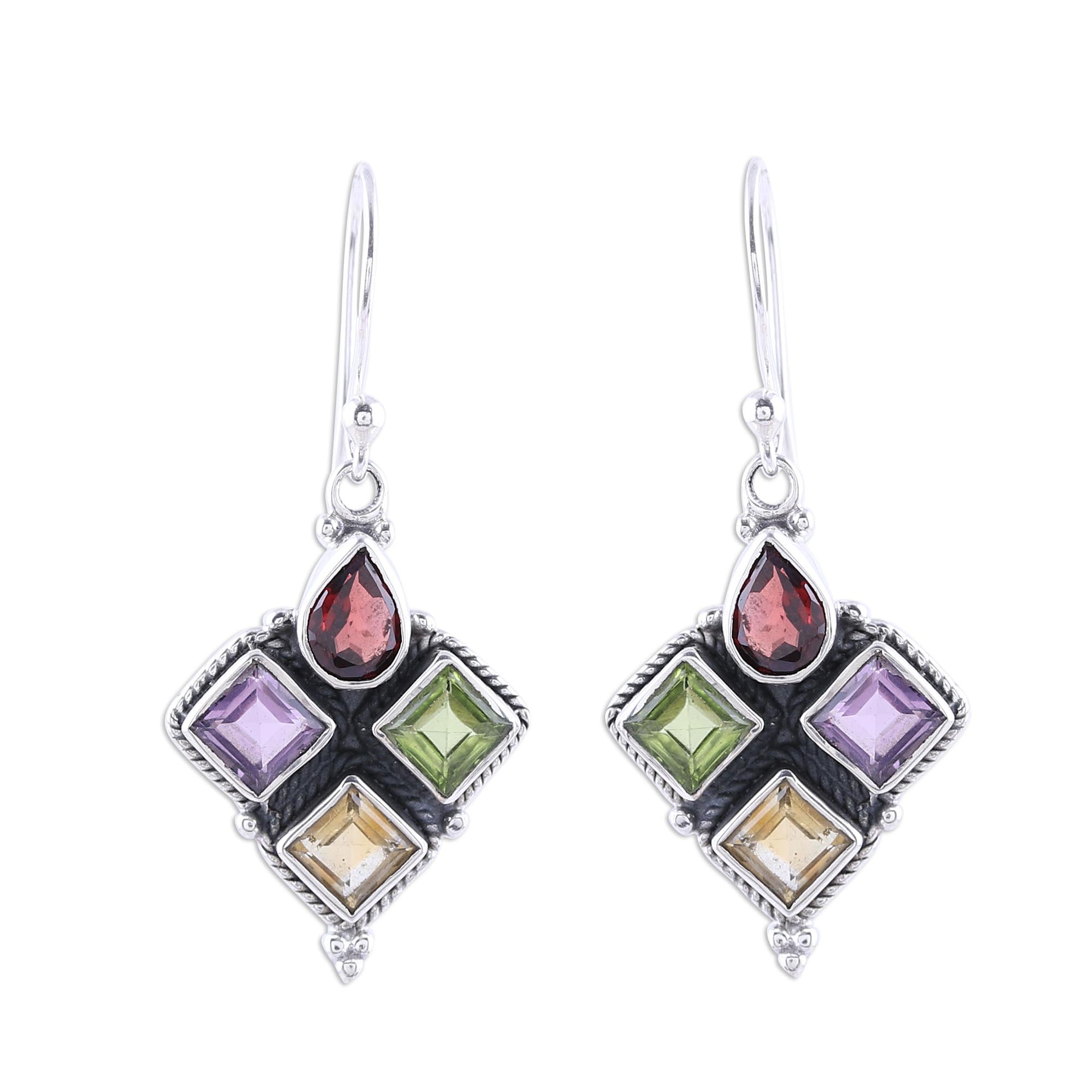 Premium Sparkling Quartet Gemstone Dangle Earrings - Garnet, Citrine, Peridot & Amethyst