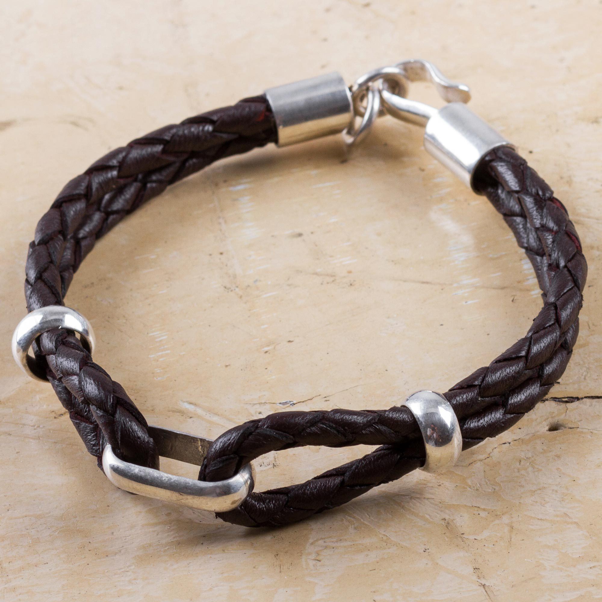 Premium Men's Brown Leather & Sterling Silver Braided Bracelet - Handcrafted in Peru