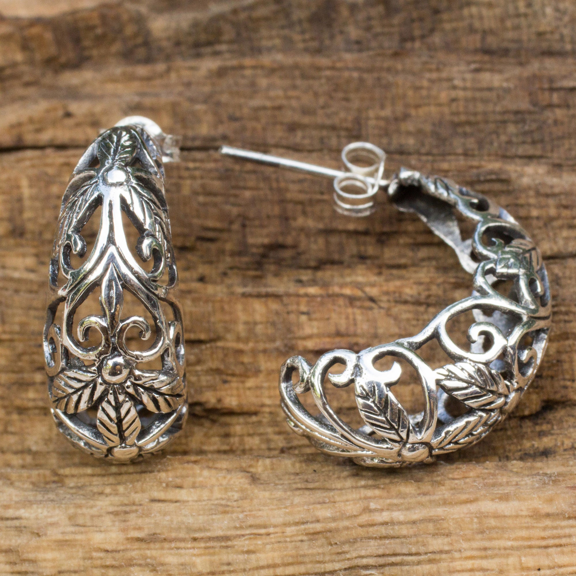 Premium Floral Fantasy Sterling Silver Hoop Earrings