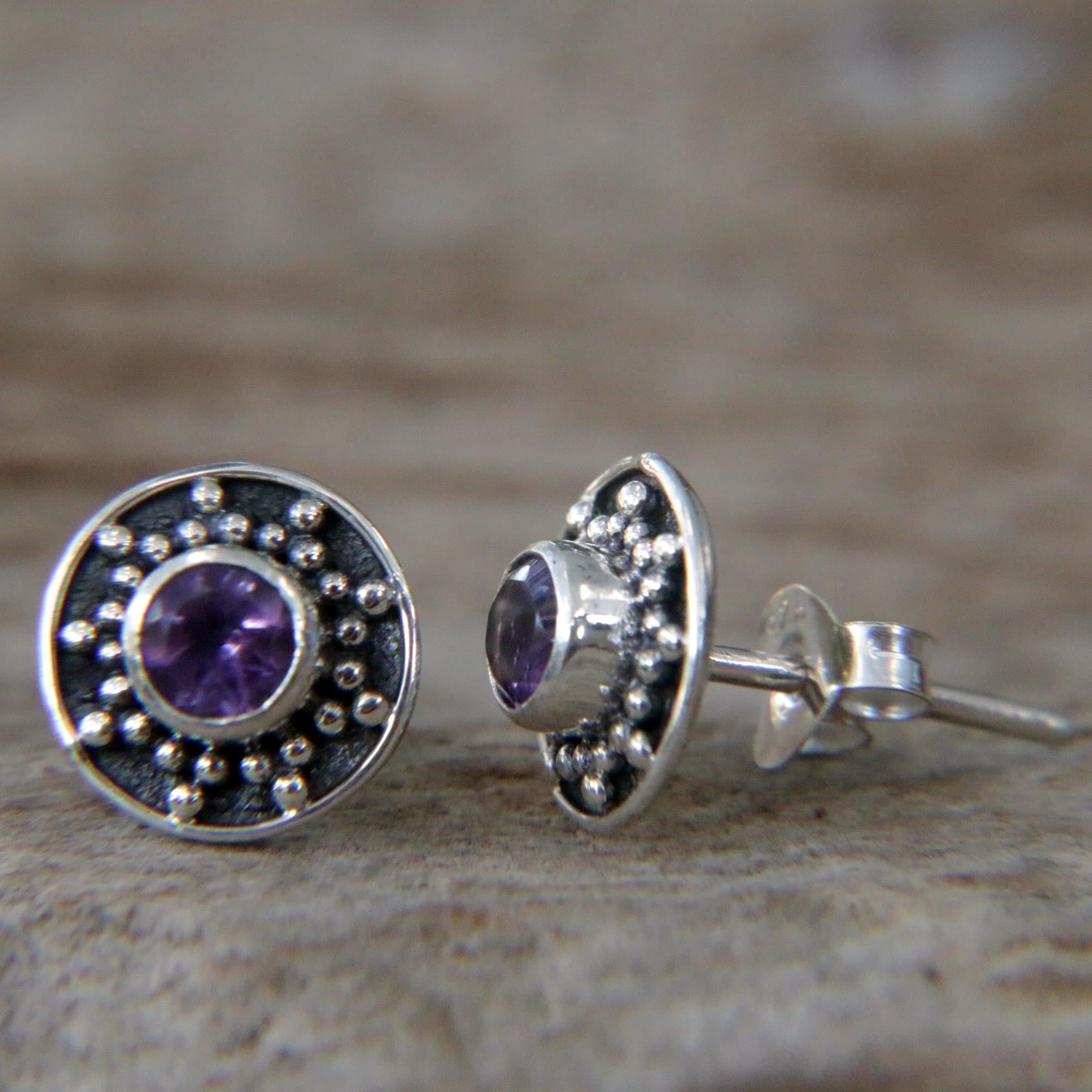 Premium Winter Halo Amethyst Sterling Silver Stud Earrings – Handcrafted in Bali