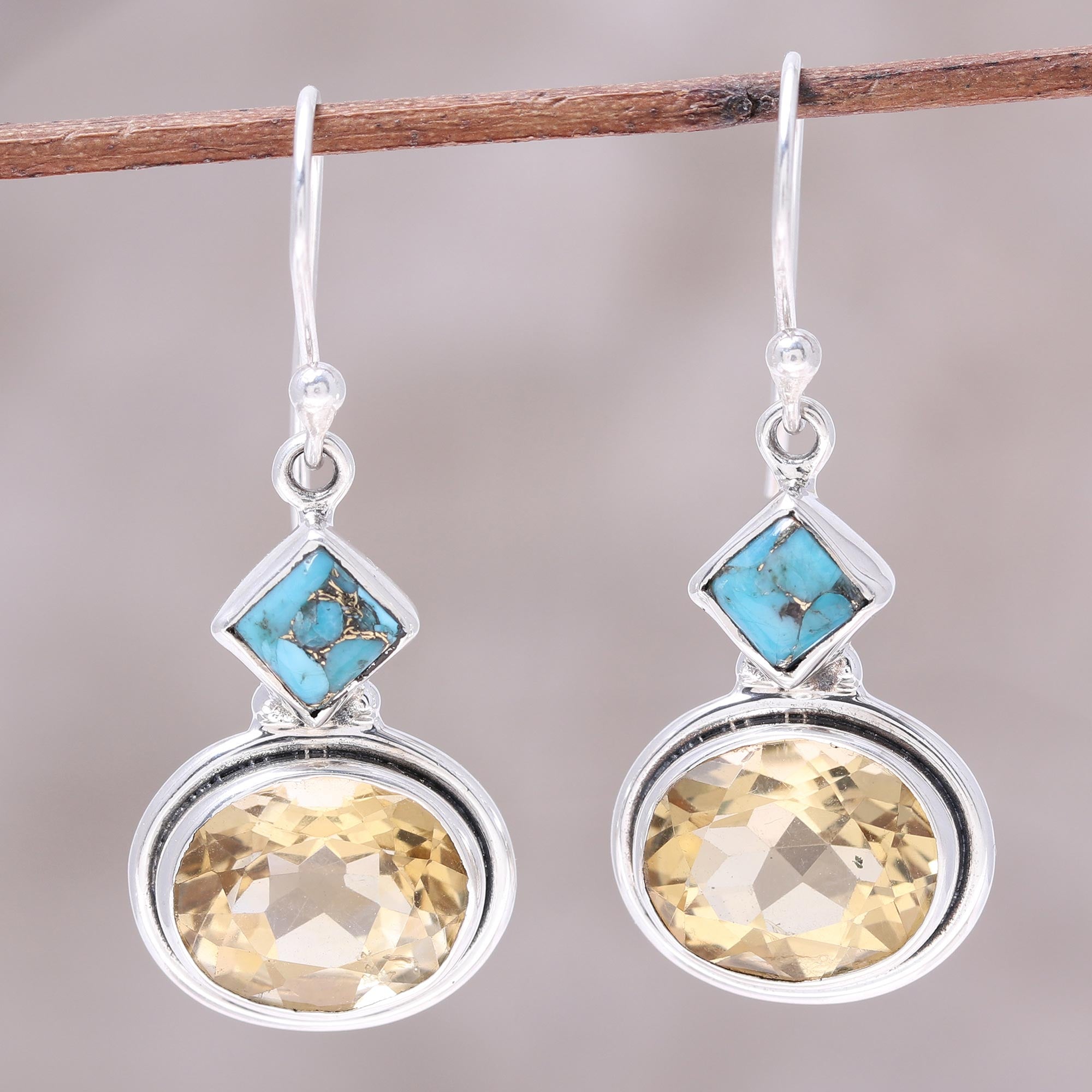 Premium Watery Gold Nine-Carat Citrine & Turquoise Dangle Earrings