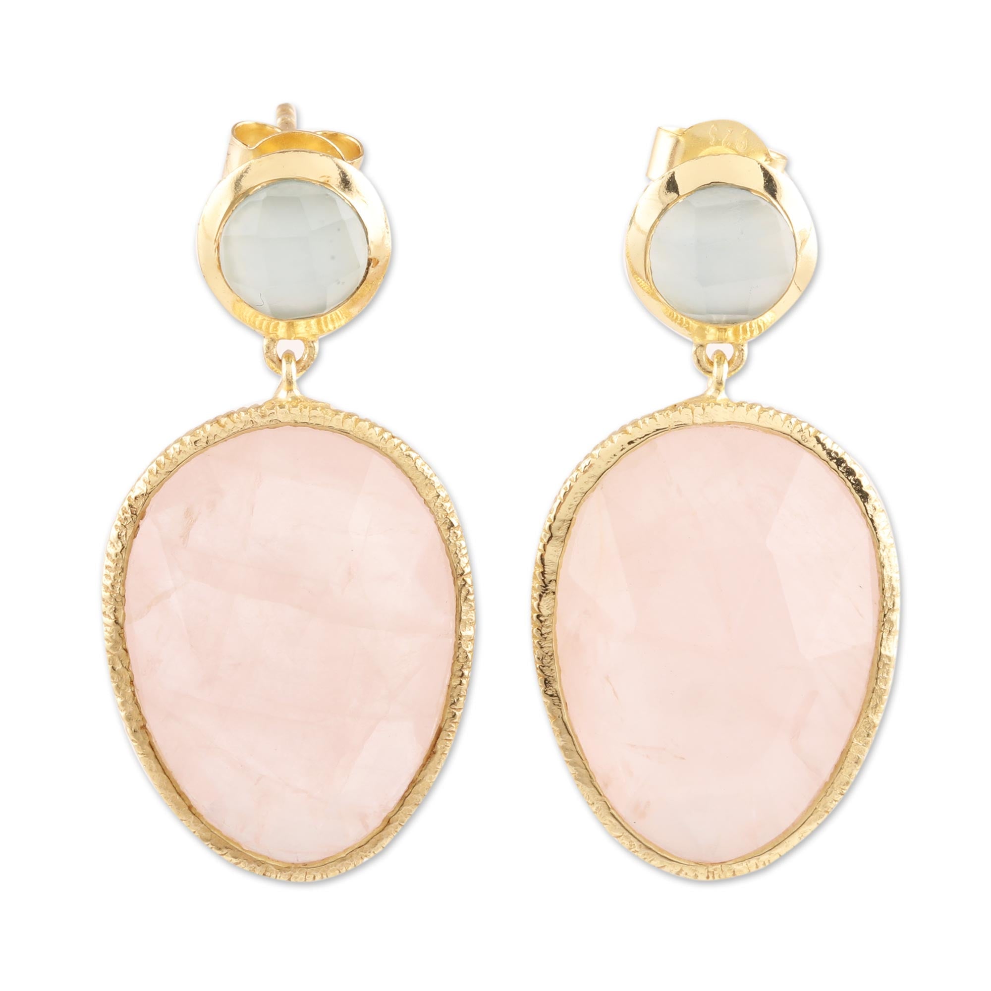 Ultimate Sparkling Muse Gold Plated Rose Quartz & Chalcedony Dangle Earrings