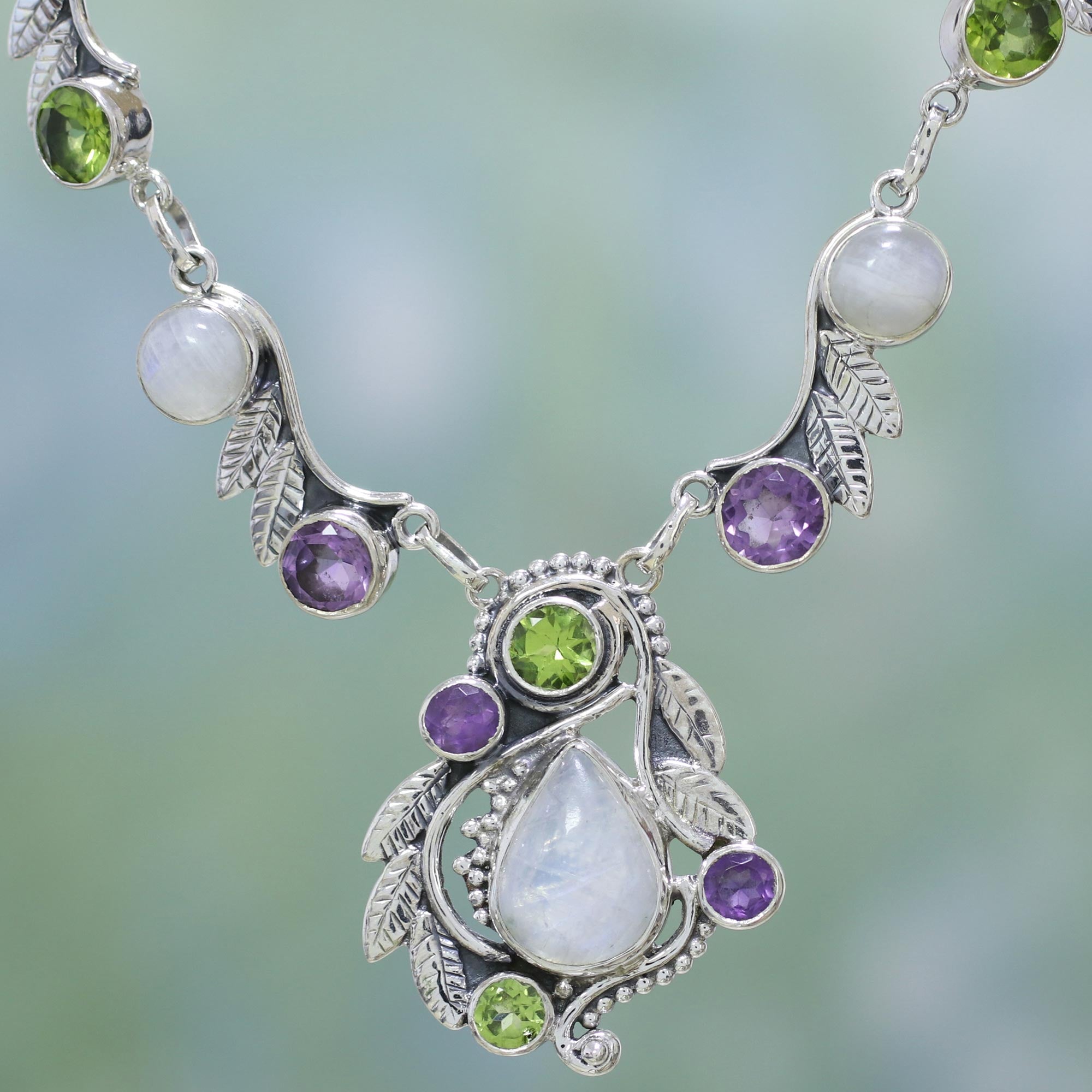 Premium Luminous Beauty Sterling Silver Multigem Pendant Necklace - Handcrafted in India