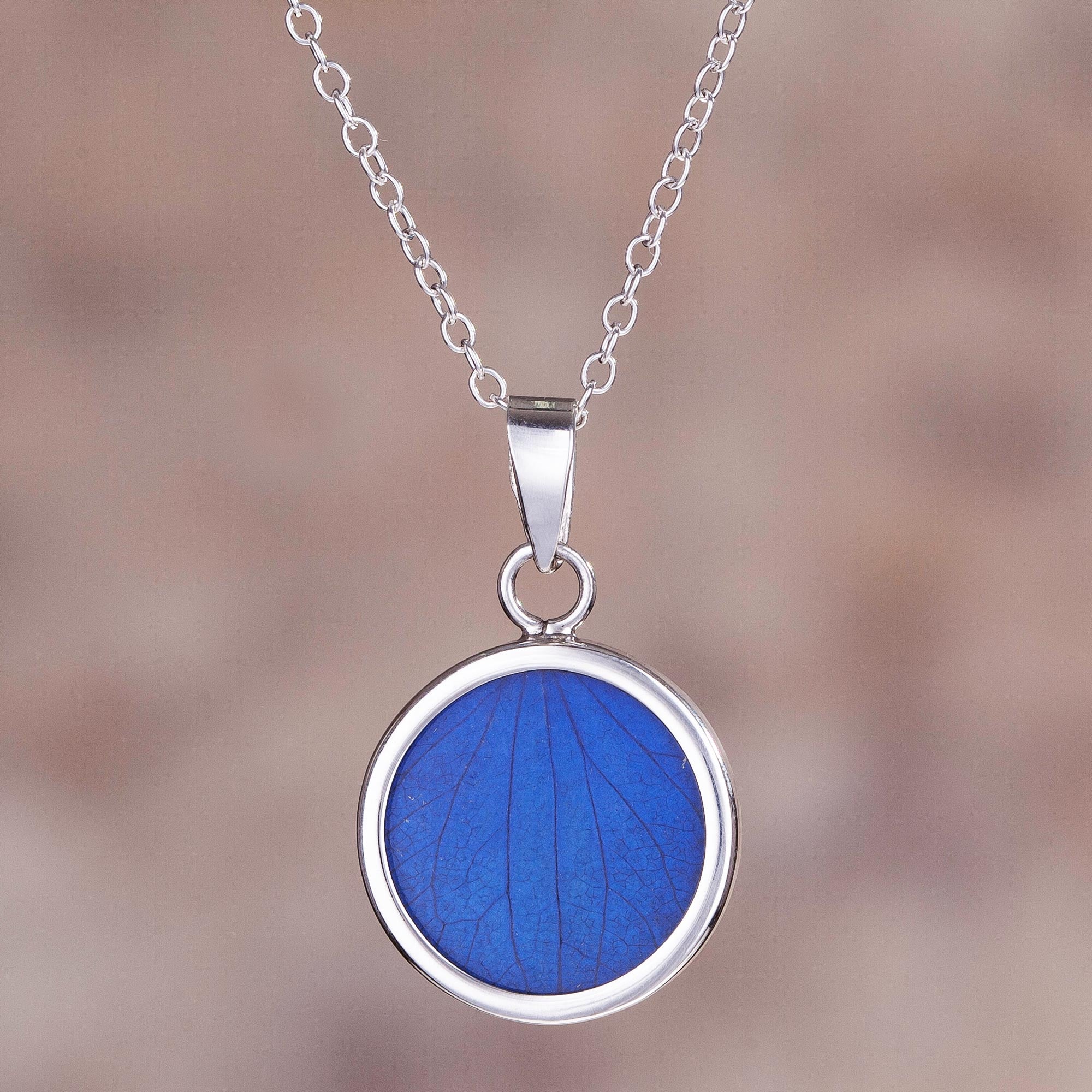 Premium Blue Eden Necklace - Handcrafted Sterling Silver with Natural Hydrangea Leaf from Peru