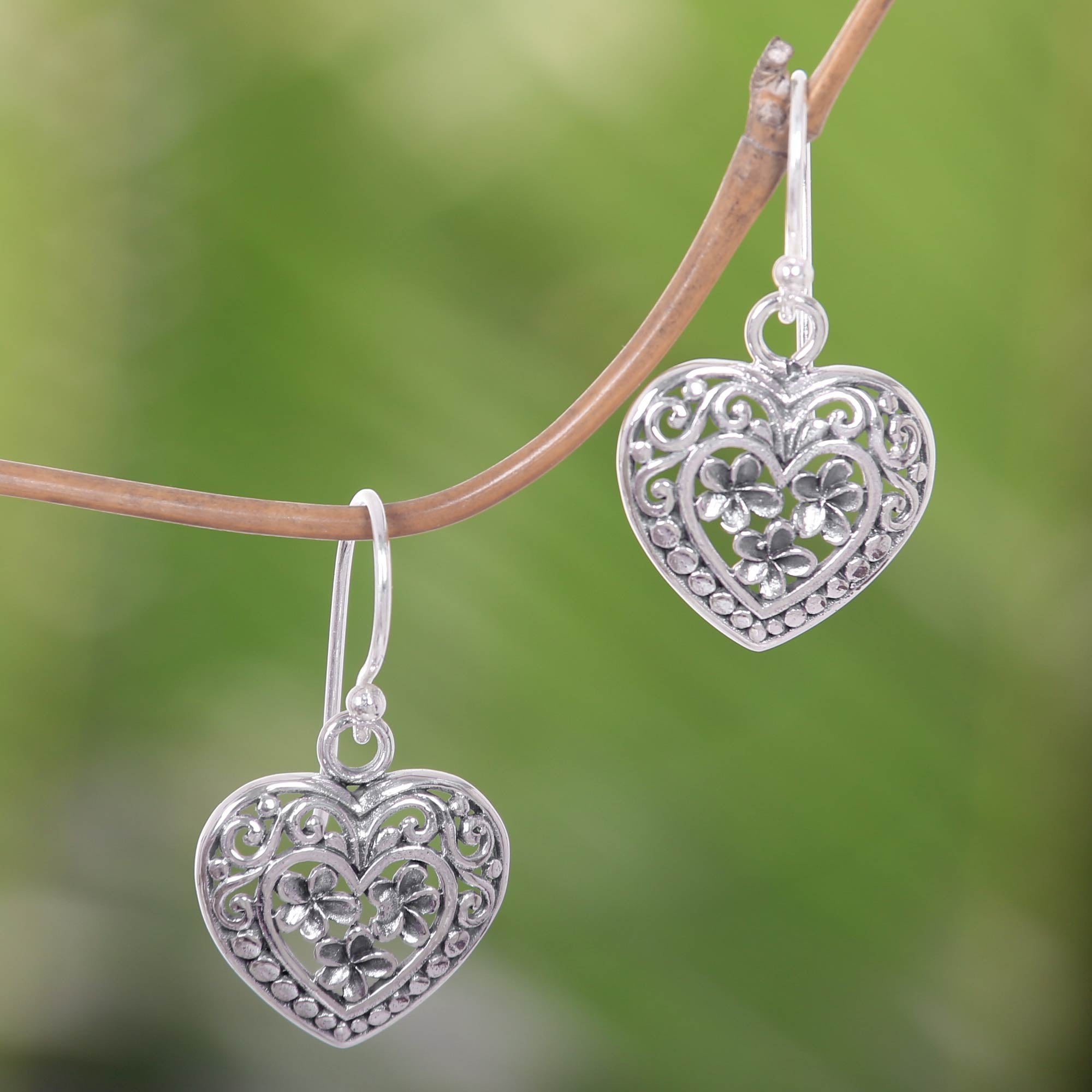 Premium Romantic Frangipani Sterling Silver Heart Earrings - Handcrafted Floral Design