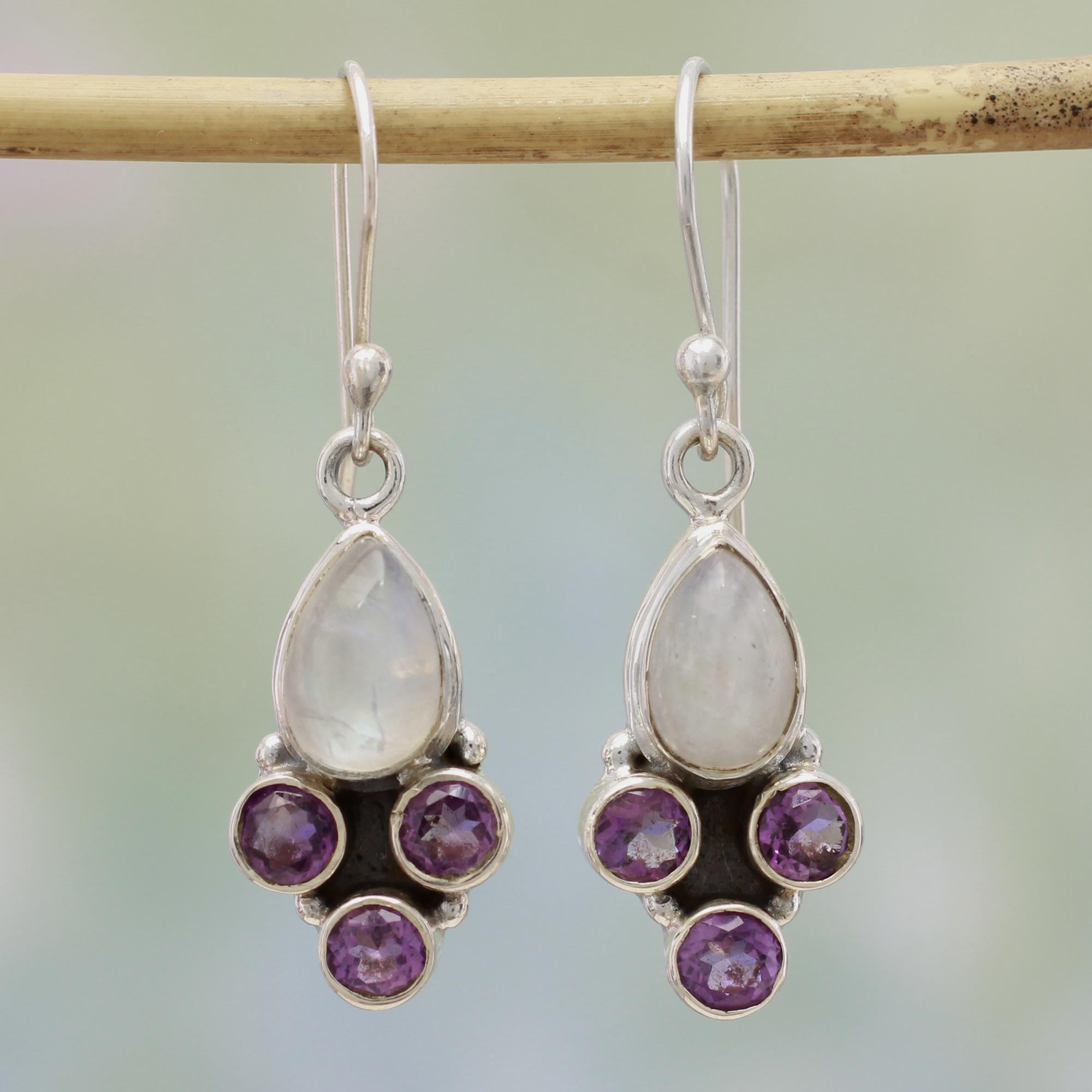 Premium Purple Rainbow Moonstone & Amethyst Dangle Earrings - Handcrafted Sterling Silver Jewelry from India