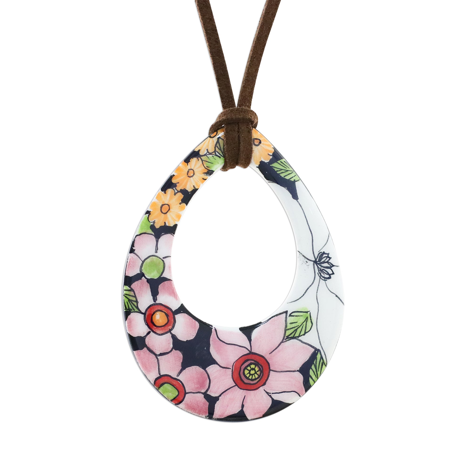 Premium Hand-Painted Ceramic Floral Pendant Necklace - Bursting Blooms Collection