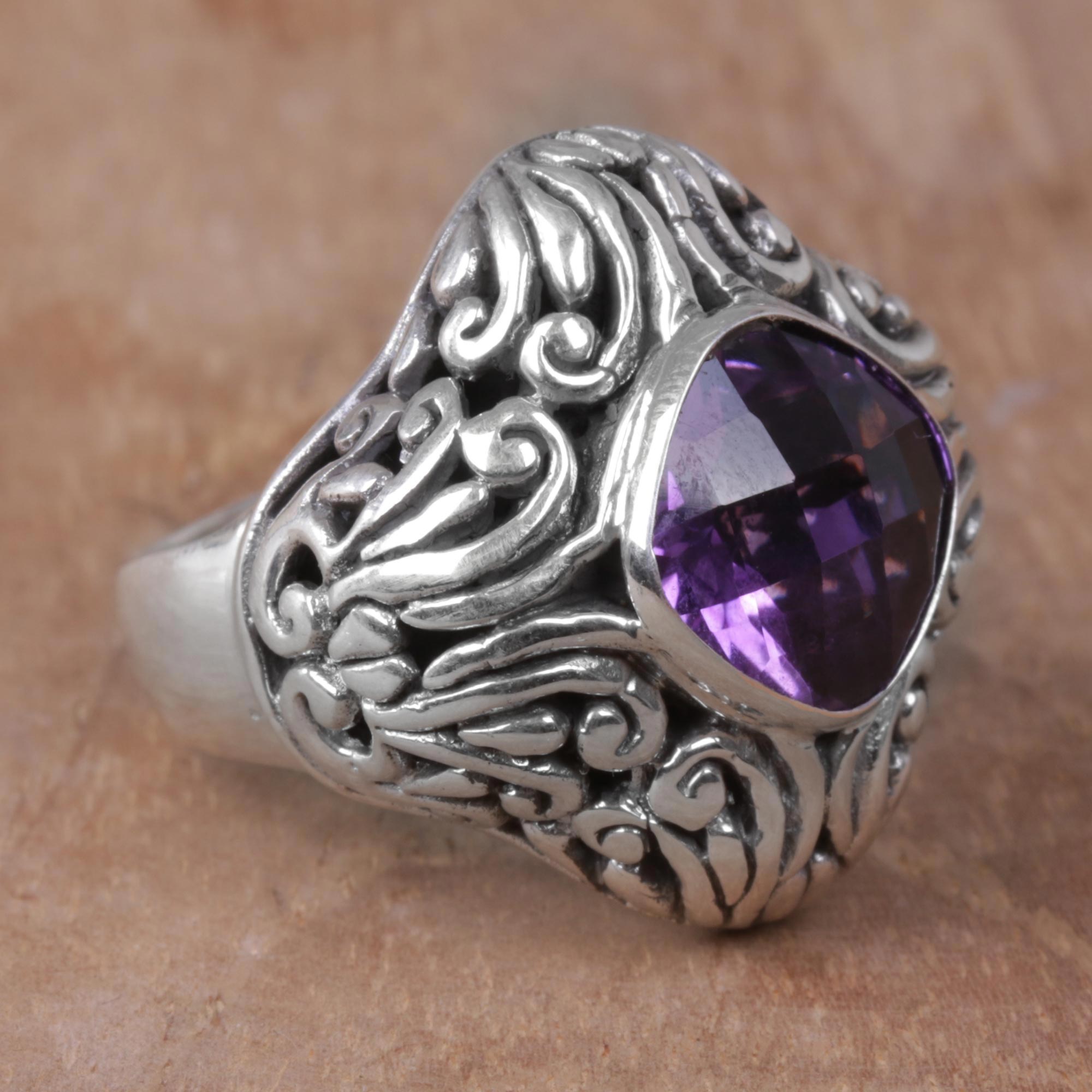 Premium Amethyst Sterling Silver Cocktail Ring - Balinese Artisan Crafted