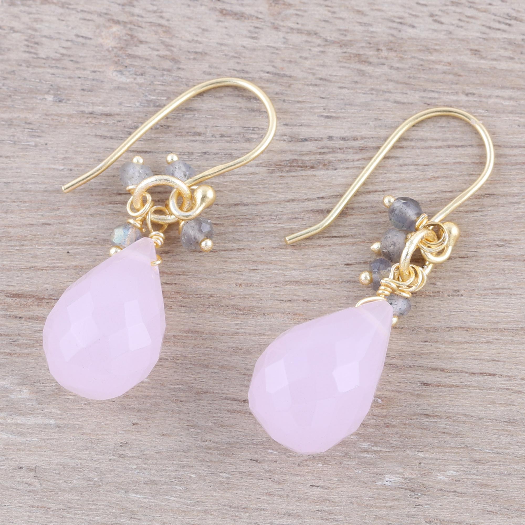 Premium Glittering Pink Drops: 22k Gold Plated Rose Quartz & Labradorite Dangle Earrings