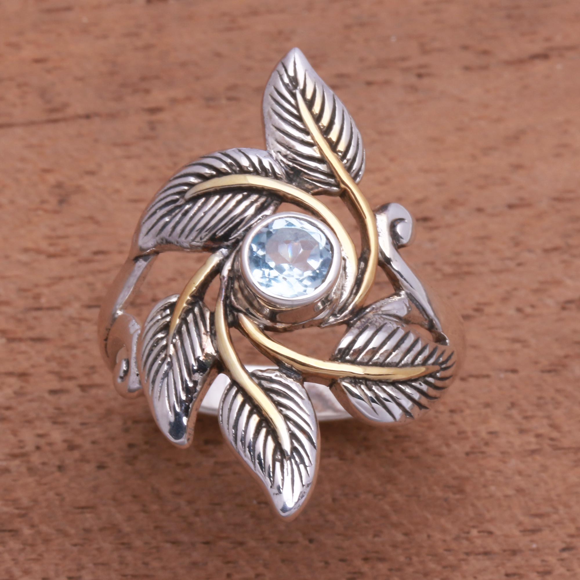 Premium Balinese Blue Topaz Cocktail Ring with Gold-Accented Leaves