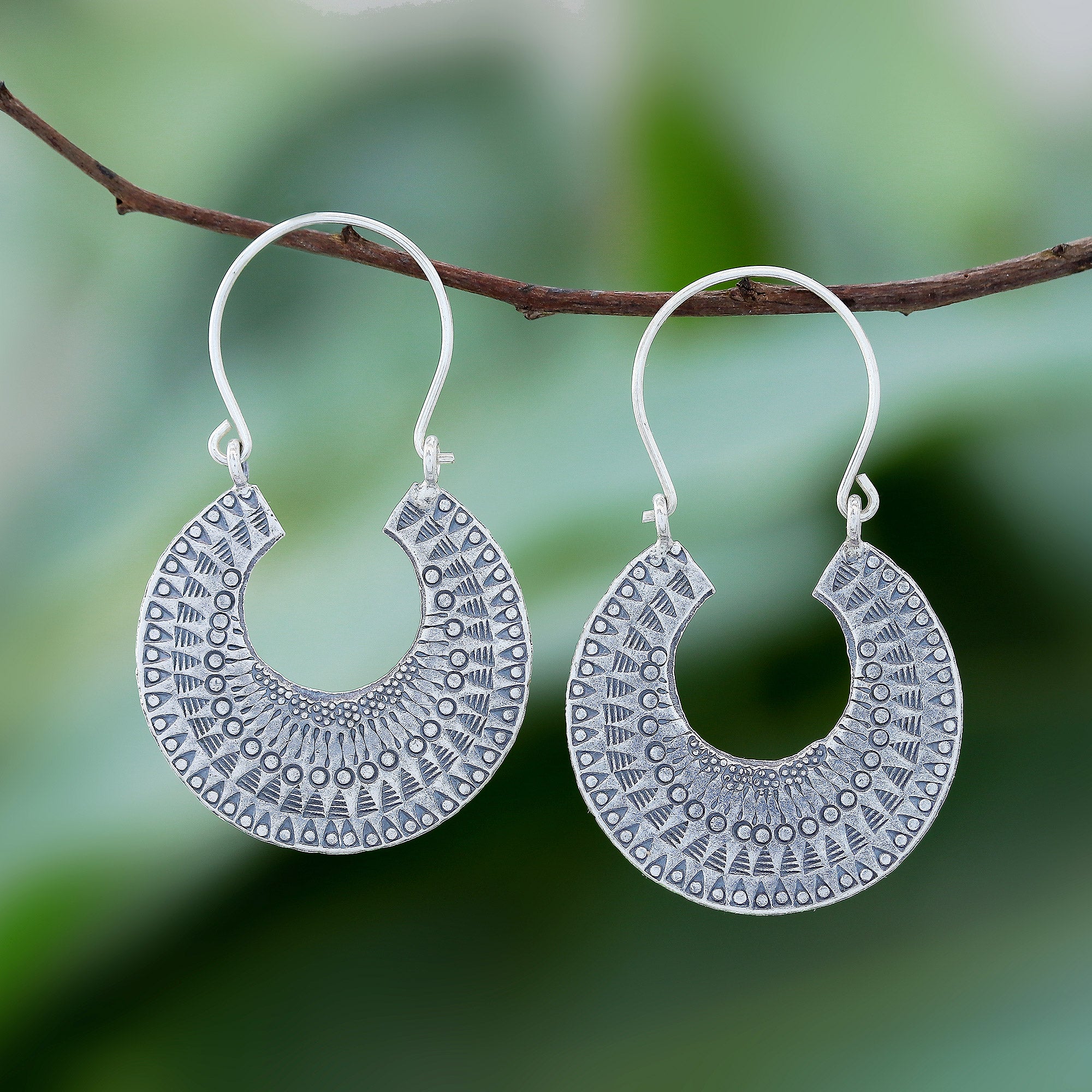 Premium Crescent Hoop Earrings - Sterling Silver with Intricate Patterns