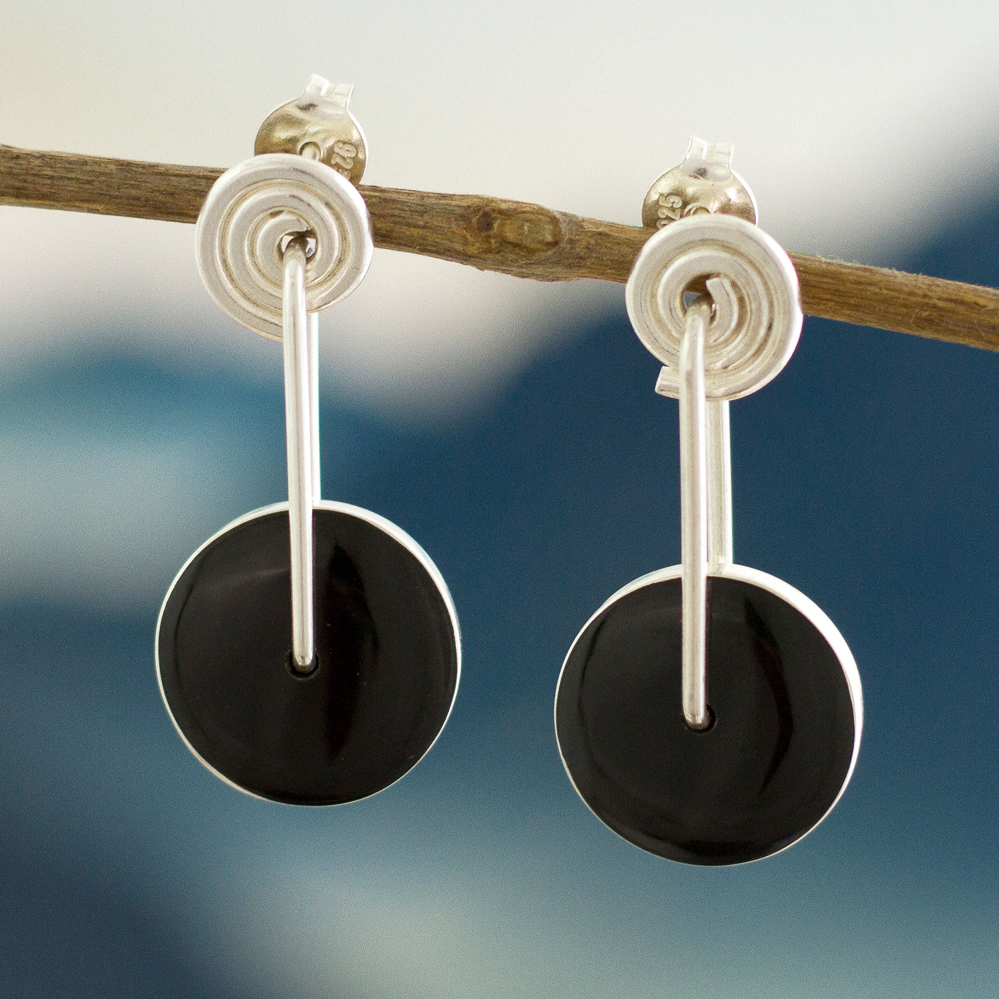 Premium Midnight Obsidian & Sterling Silver Spiral Dangle Earrings - Modern Chic Design