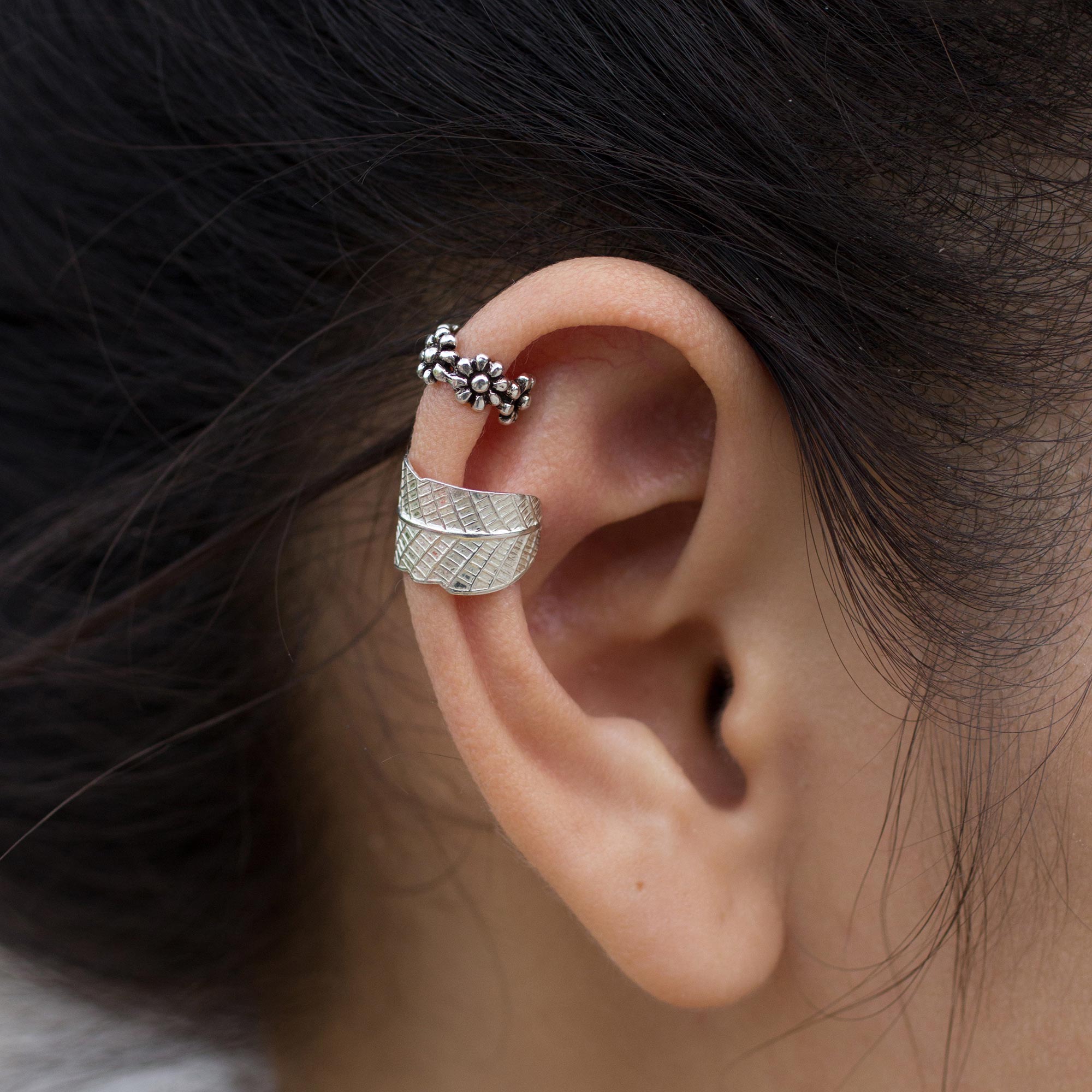 Premium Silver Ear Cuffs: Foliage & Floral Elegance