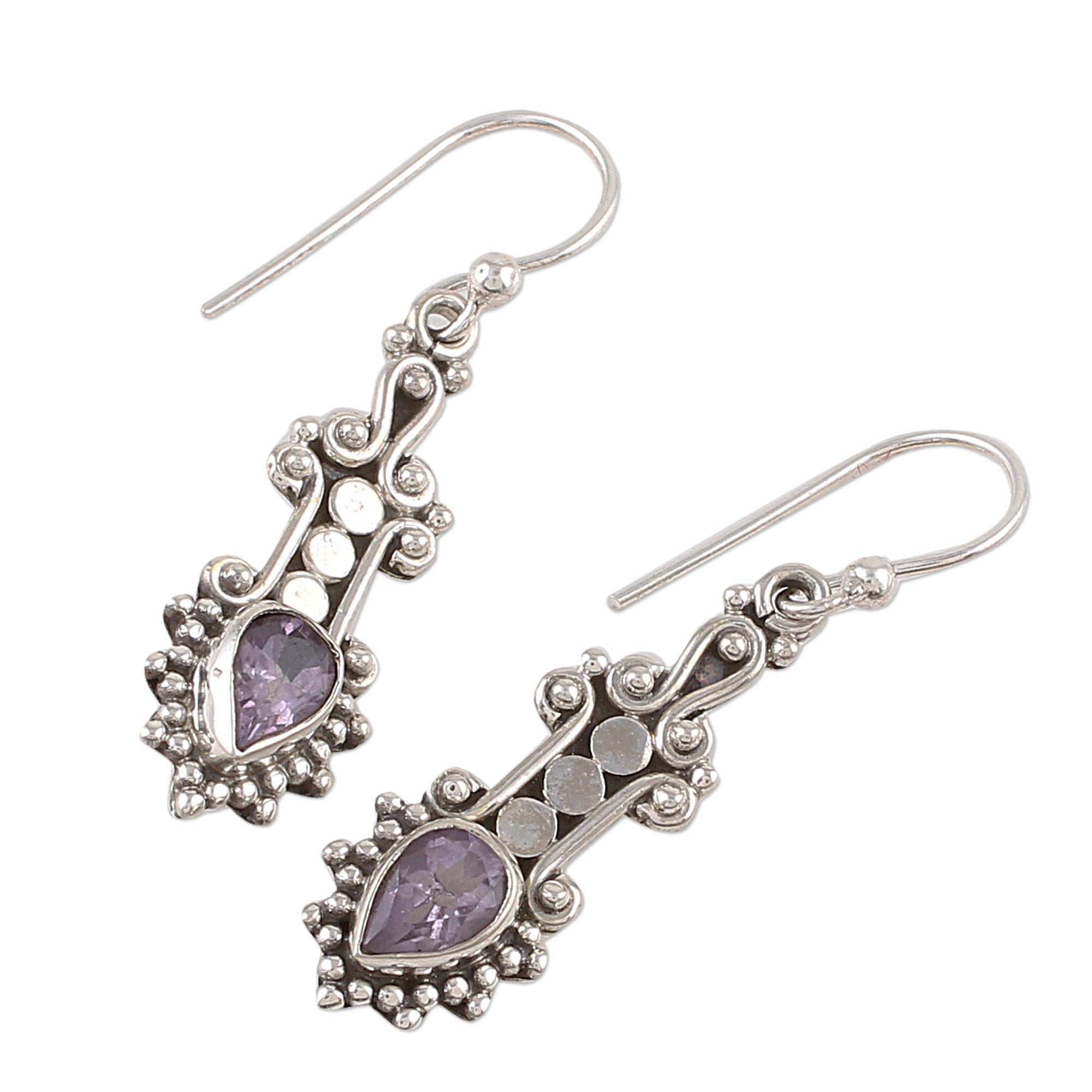 Premium Teardrop Amethyst Sterling Silver Dangle Earrings - Handcrafted in India