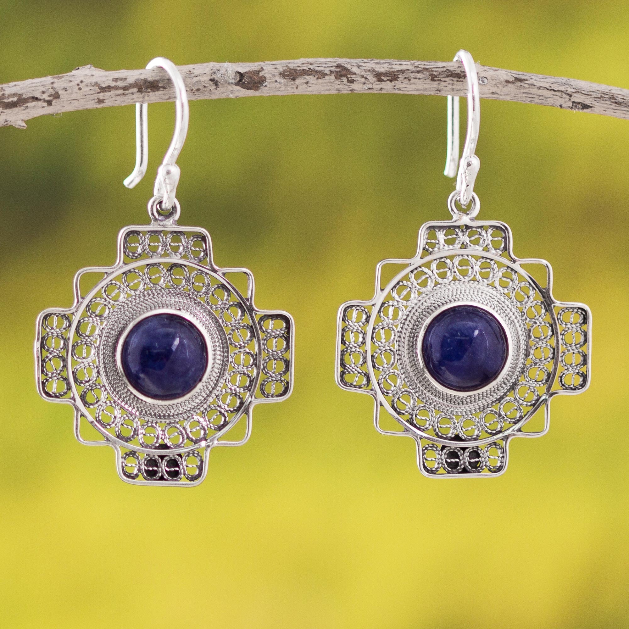 Premium Blue Mountain Chakana Sodalite Dangle Earrings - Handcrafted in Peru