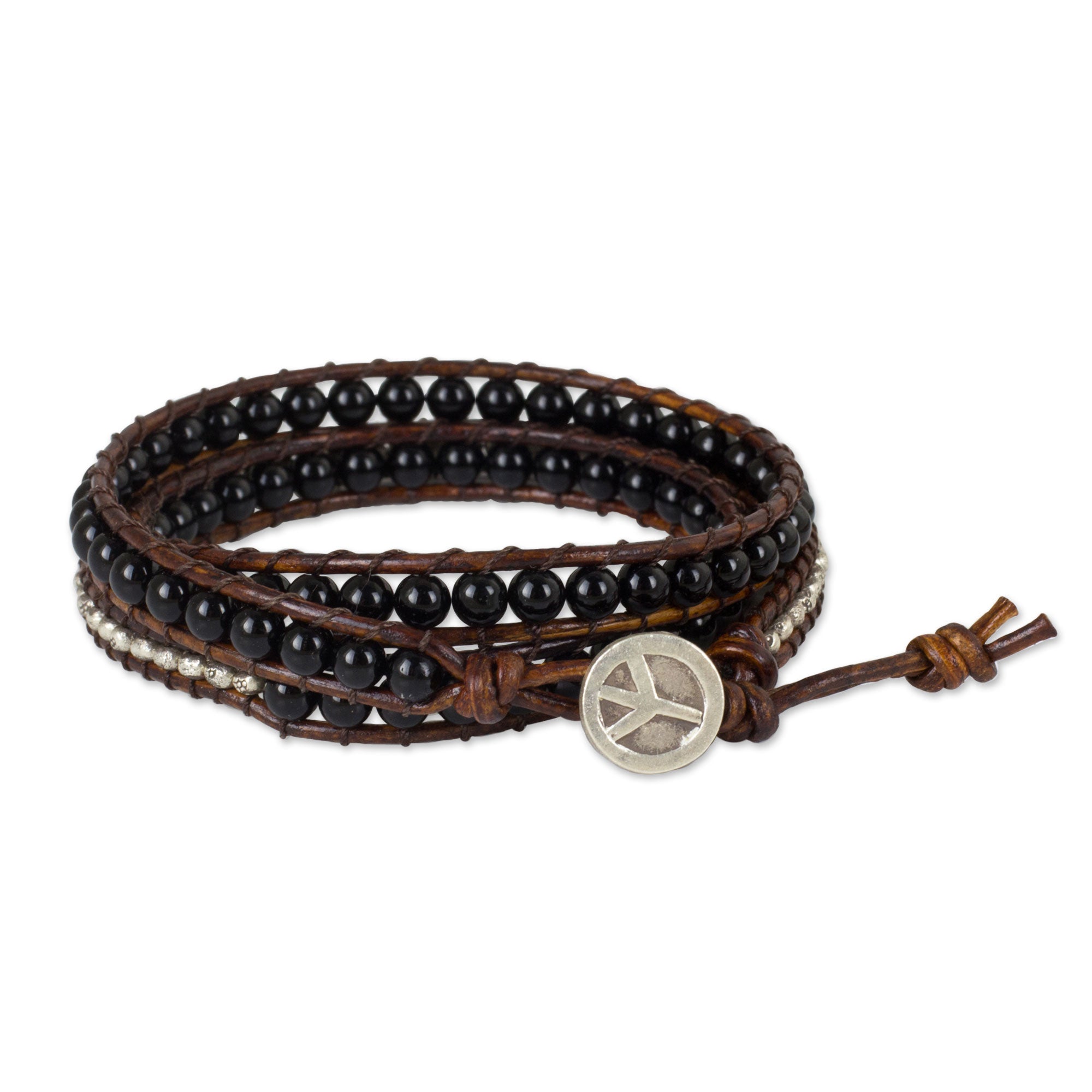 Premium Hill Tribe Boheme Onyx Leather Wrap Bracelet - Handcrafted in Thailand