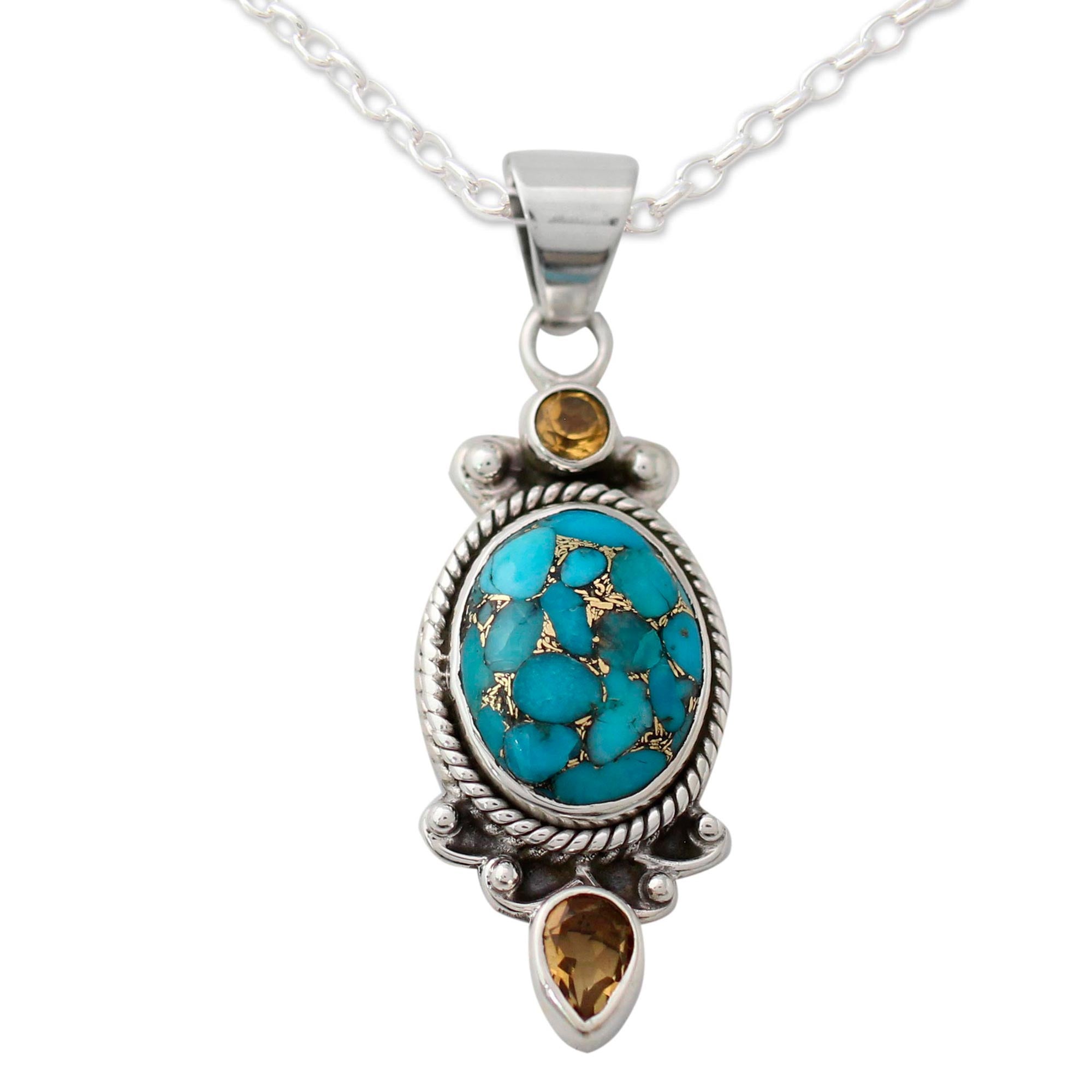 Premium Blue Silver Pendant Necklace with Citrine & Turquoise - Ultimate Elegance