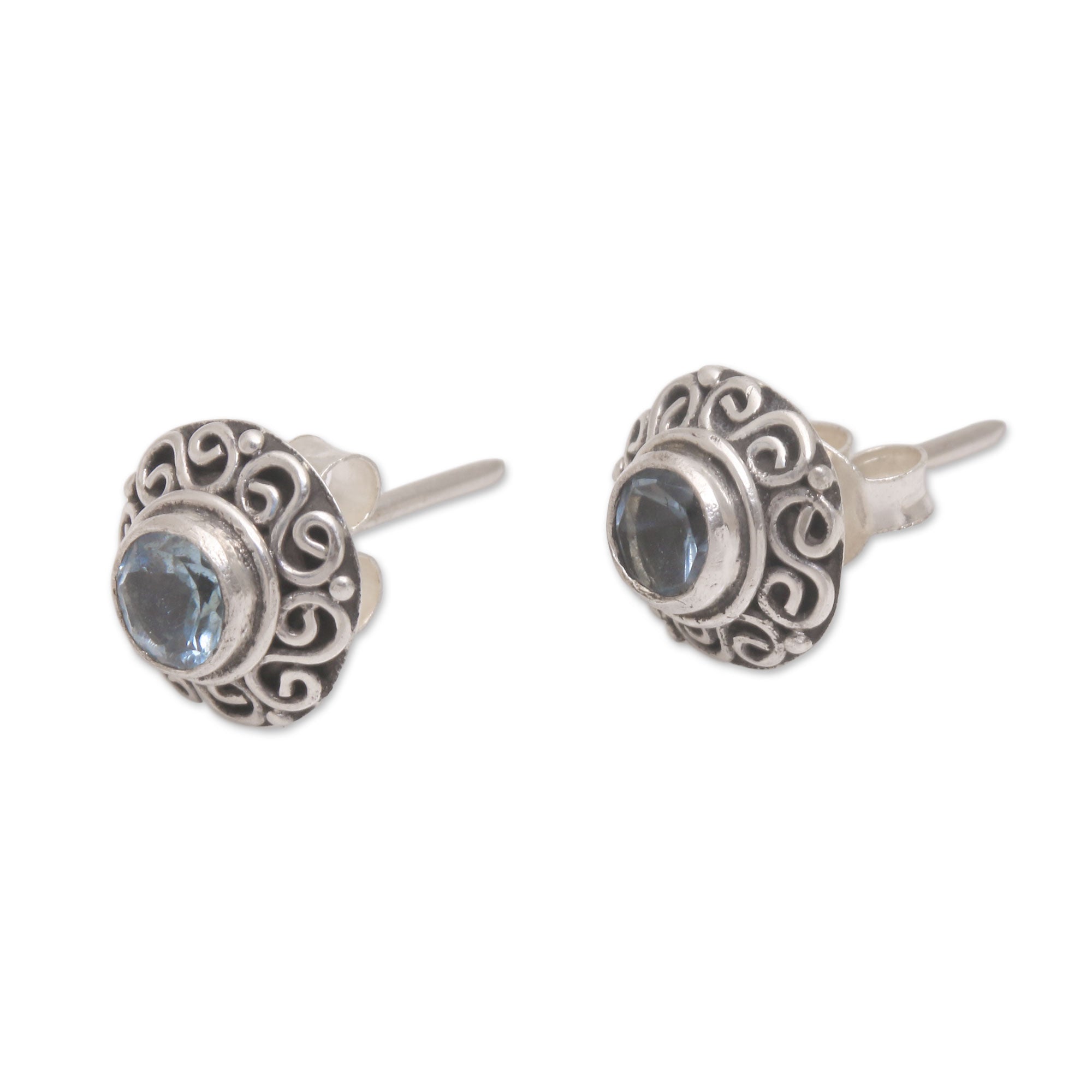 Premium Blue Topaz Sterling Silver Stud Earrings - Handmade in Bali