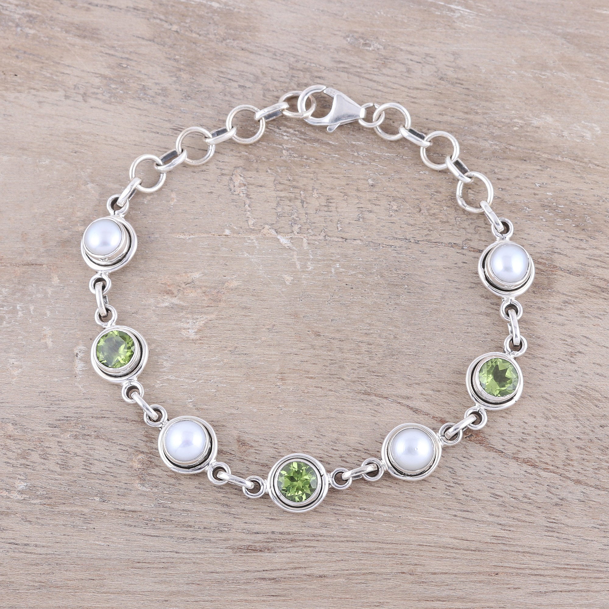 Premium Sterling Silver Peridot & Pearl Bracelet – Handcrafted Elegance from India