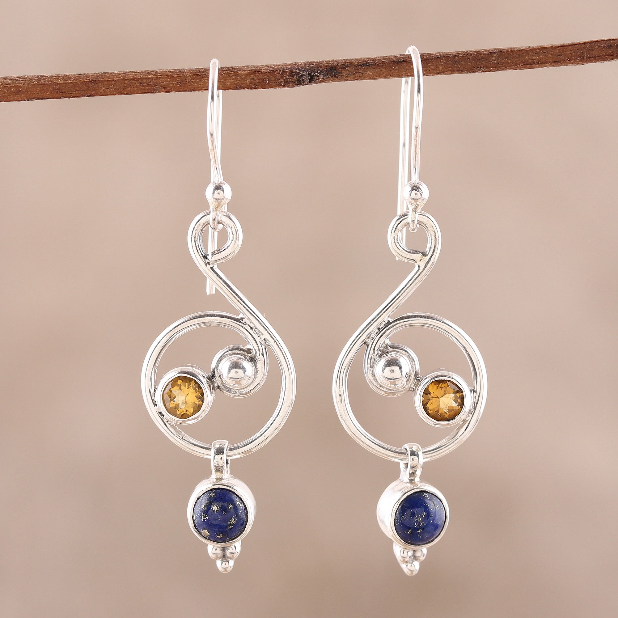 Premium Swirling Royal Lapis Lazuli & Citrine Dangle Earrings - Handcrafted in India