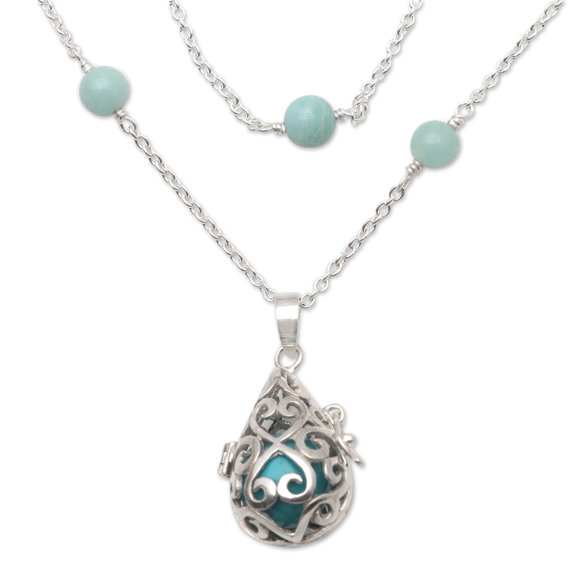 Premium Angel Chime Necklace - Blue Enamel & Amazonite Harmony Ball