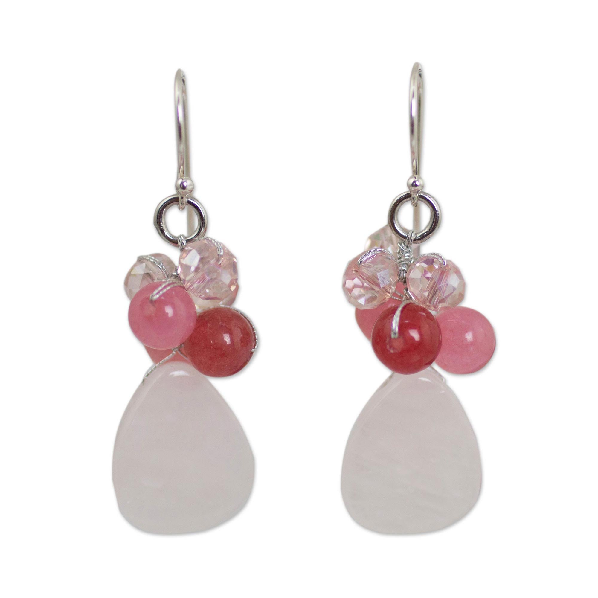 Premium Rose Quartz Silver Beaded Earrings - Handmade Elegance