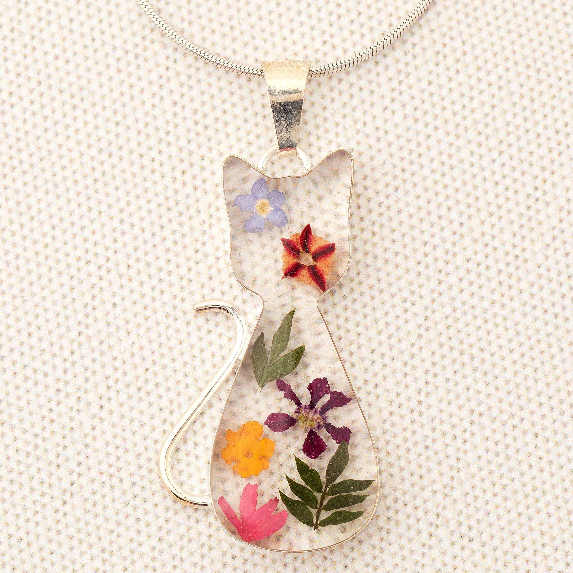 Premium Real Flower & Sterling Silver Cat Necklace