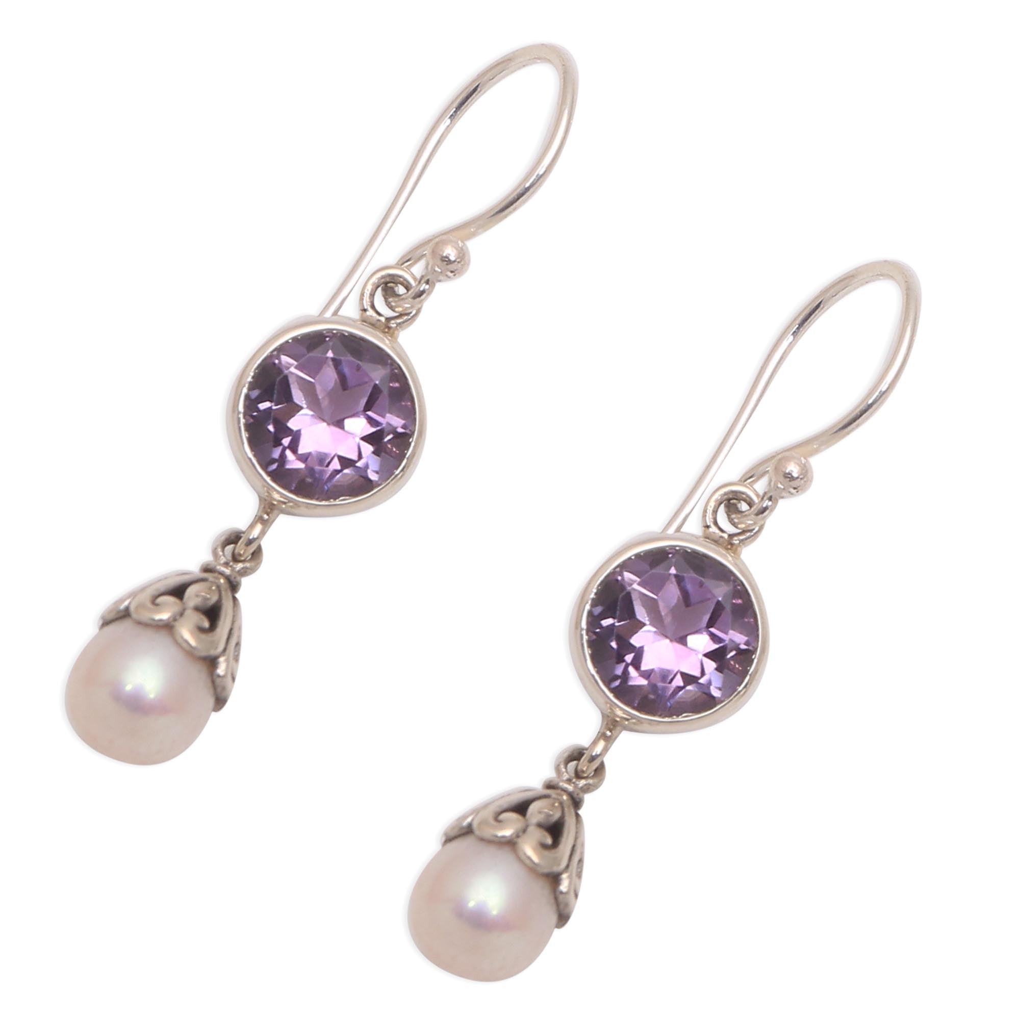 Premium Amethyst & Cultured Pearl Dangle Earrings – Handcrafted in Bali