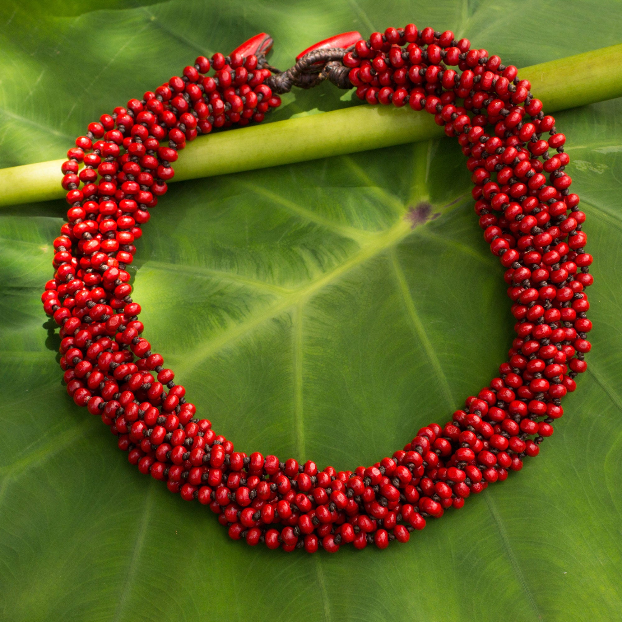 Premium Bangkok Belle Red Torsade Necklace - Handcrafted Wood Bead Jewelry