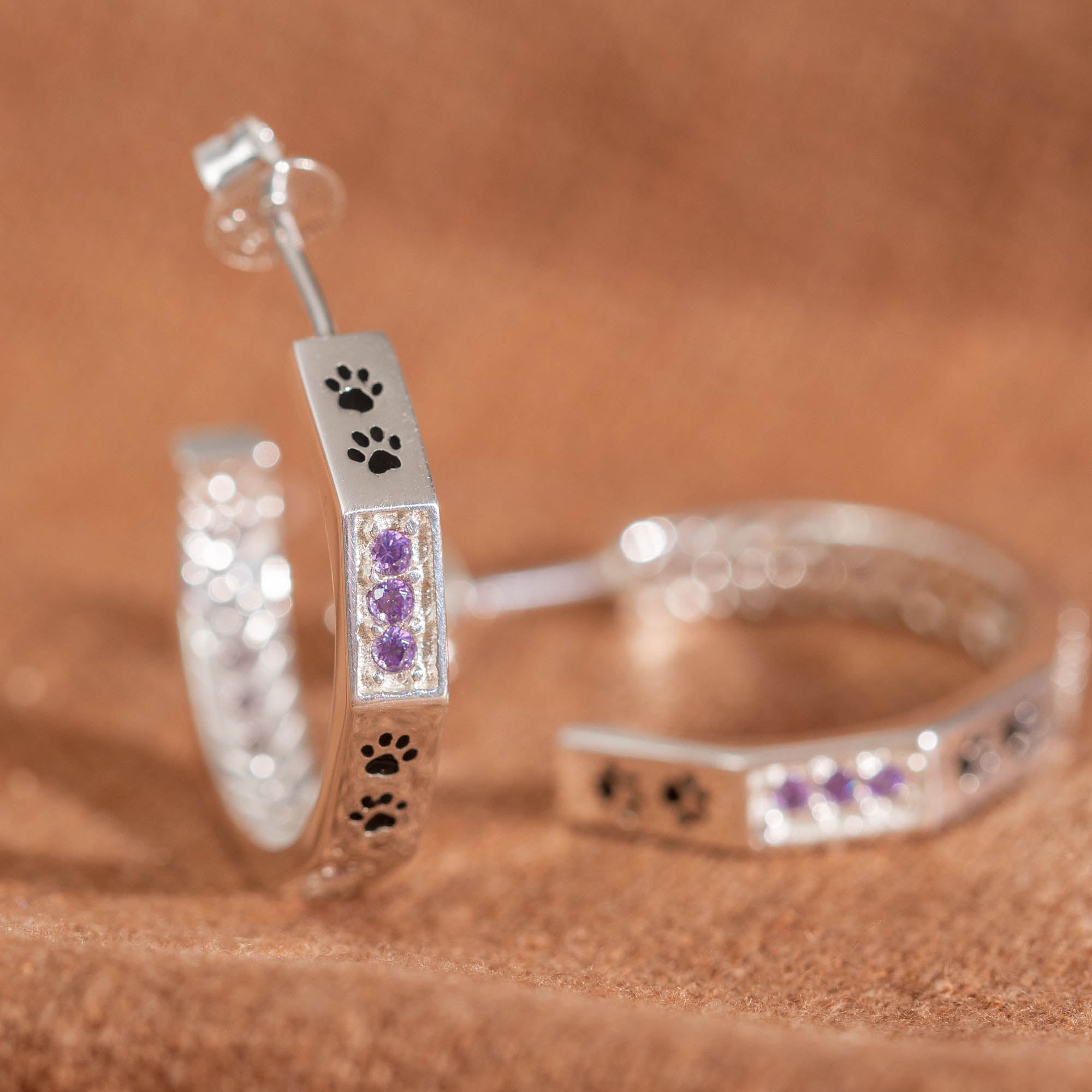 Premium Sterling Silver Hoop Earrings with Crystals & Paw Prints