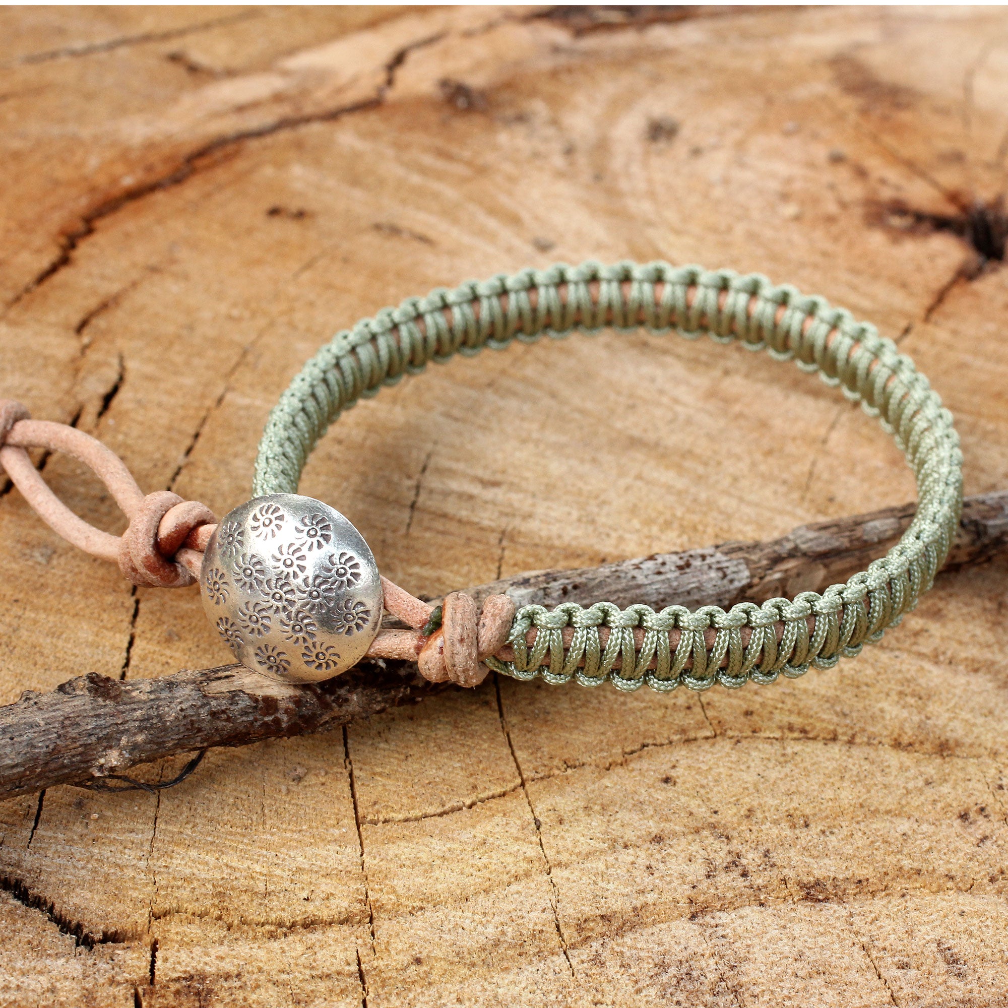 Premium Hemlock Suns Silver Button Leather Bracelet with Macrame Detail