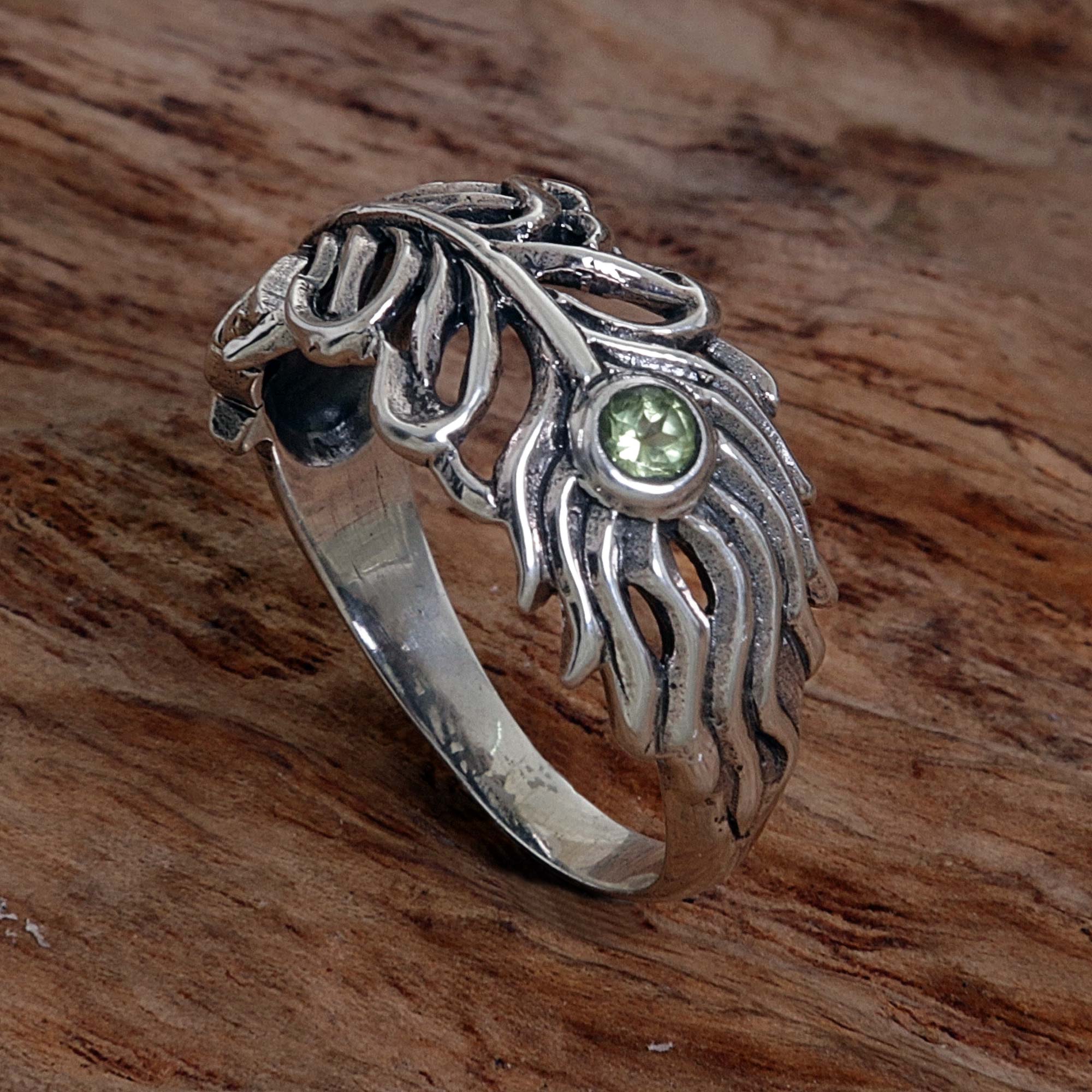 Premium Sterling Silver Peridot Feather Band Ring