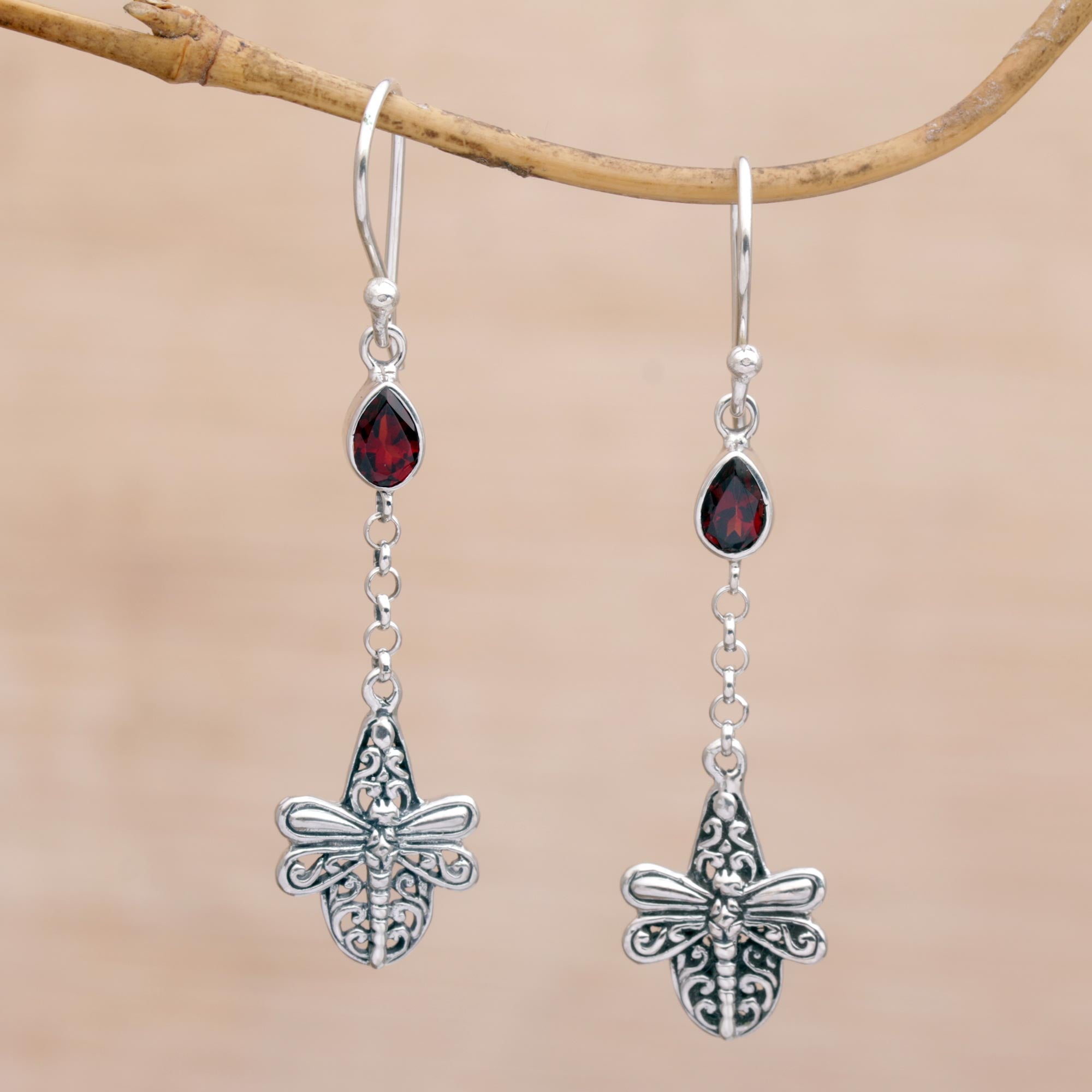 Premium Dragonfly Altar Earrings – Handmade 925 Sterling Silver with Garnet Accents