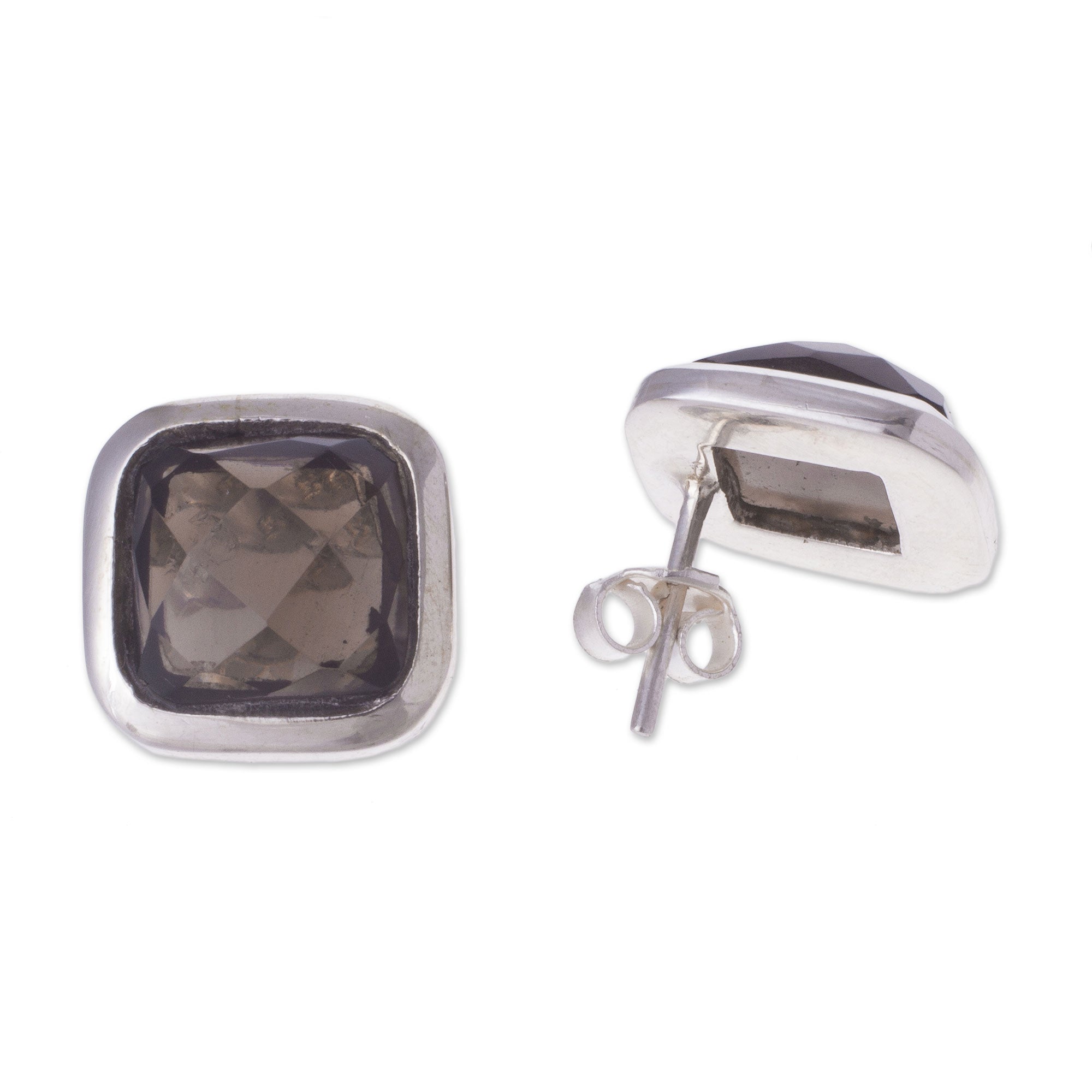 Premium Square Smoky Quartz Button Earrings - Handcrafted in Peru