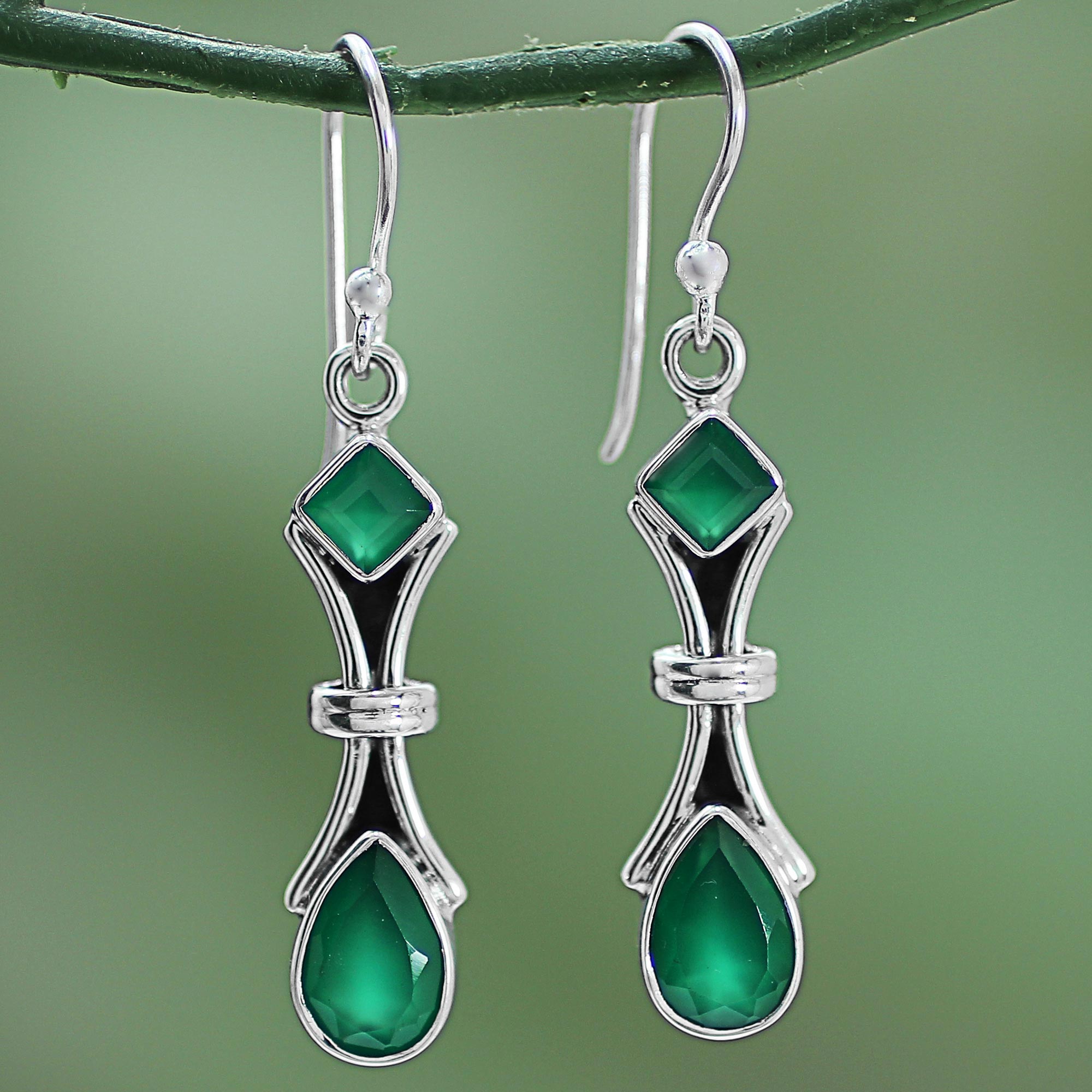 Premium Magical Moss 2.5 Carat Green Onyx Sterling Silver Earrings - Handcrafted in India