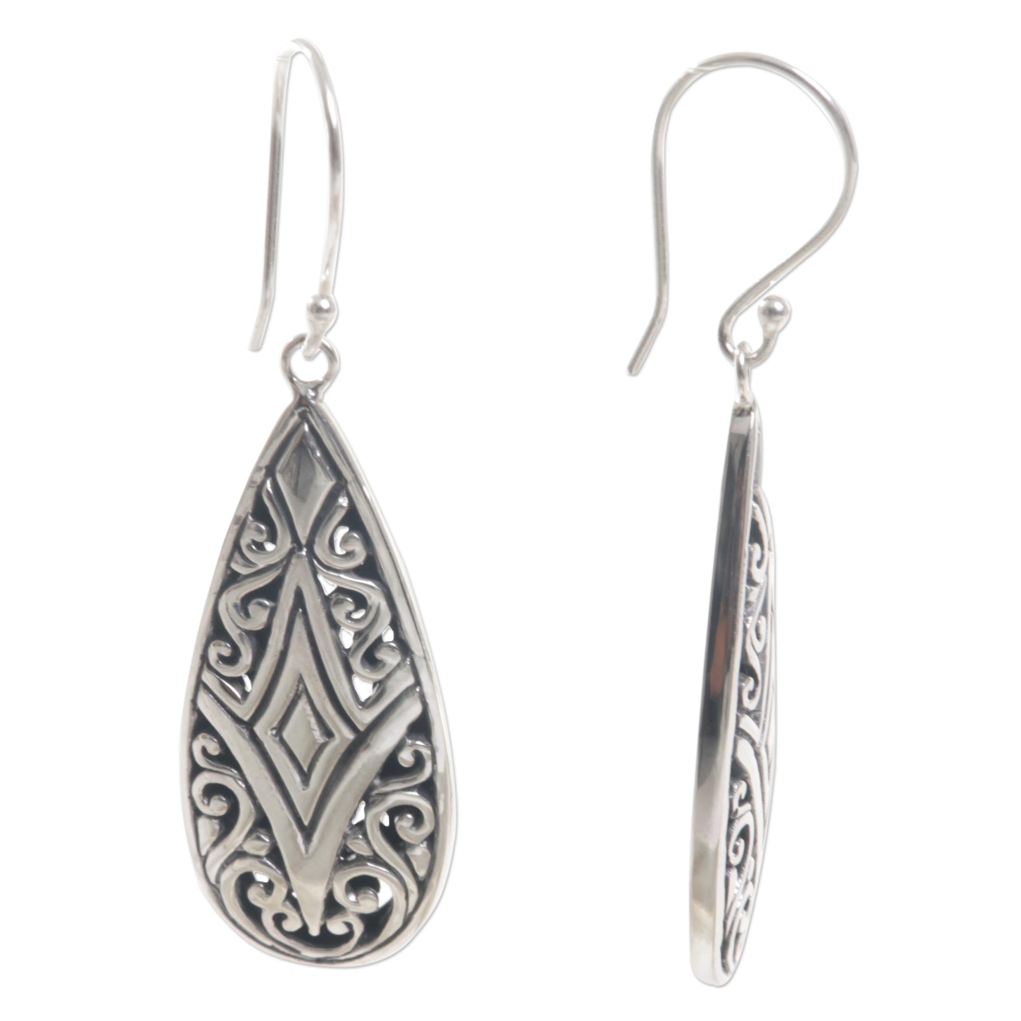 Premium Tamiang Drop Earrings - Sterling Silver with Balinese Floral Motifs