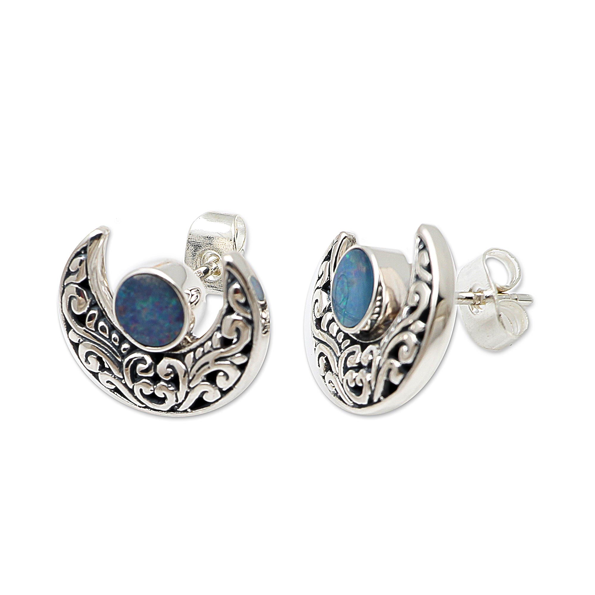 Premium Sterling Silver Crescent Moon Earrings with Blue Opal Embellishment